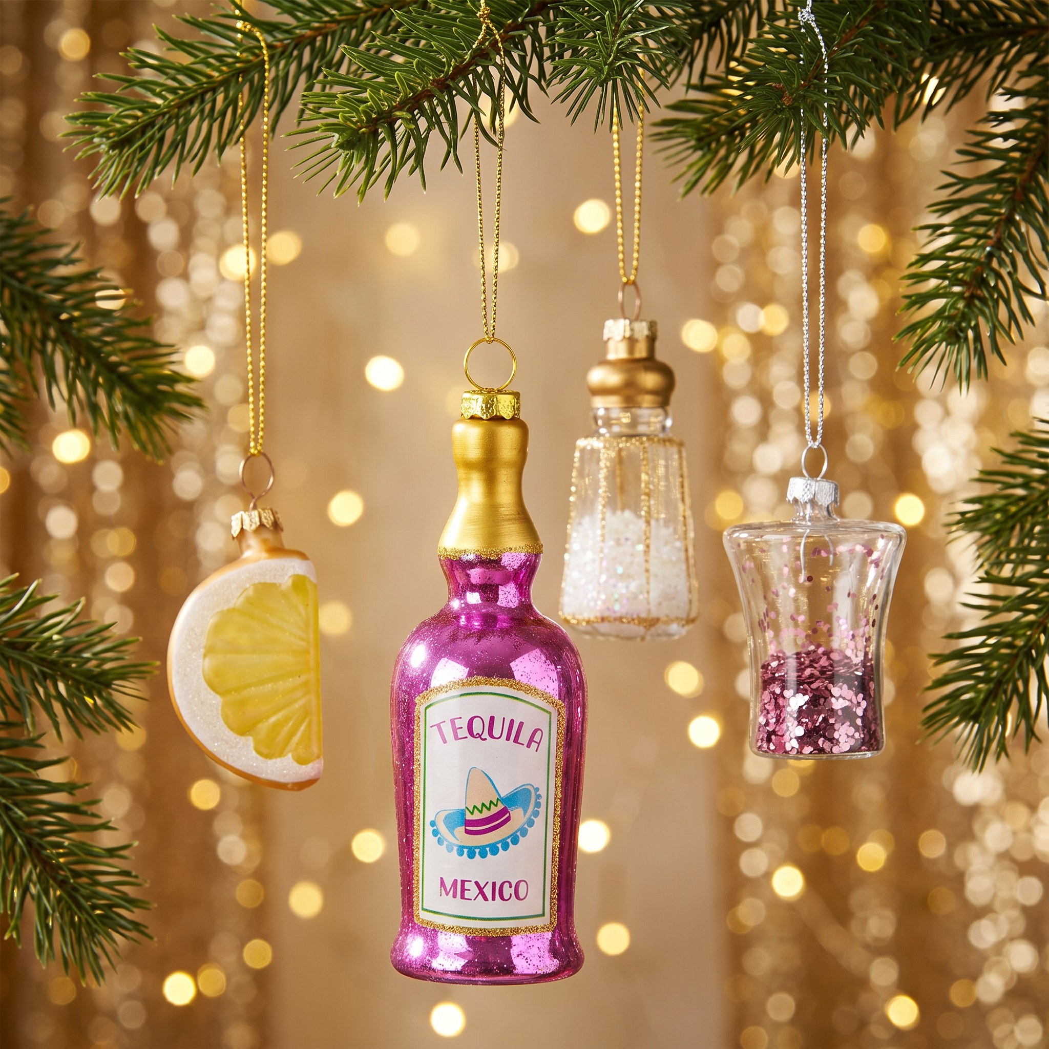 Tequila Christmas Baubles, Set of 4 by Sass & Belle on a fir branch against golden glitter