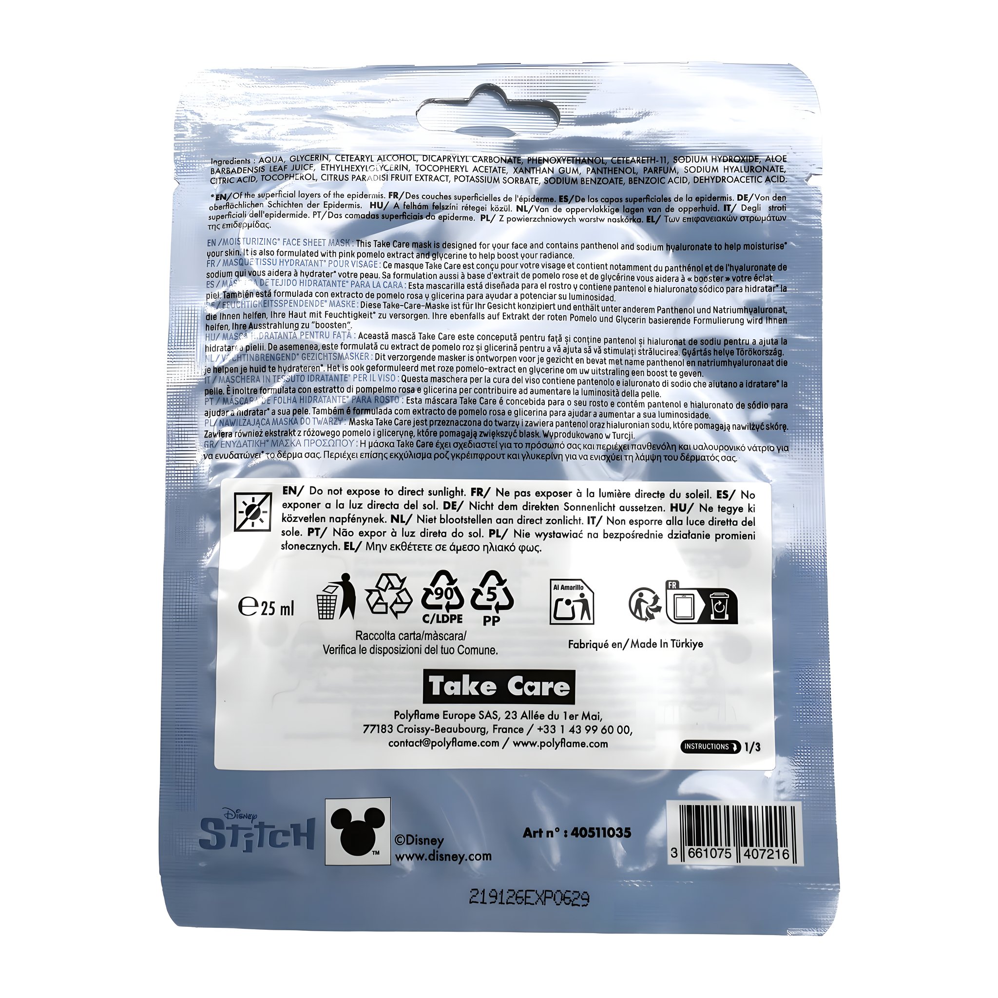 Stitch Feuchtigkeitsspendende Tuchmaske 25 ml im blau gestreiften Beutel