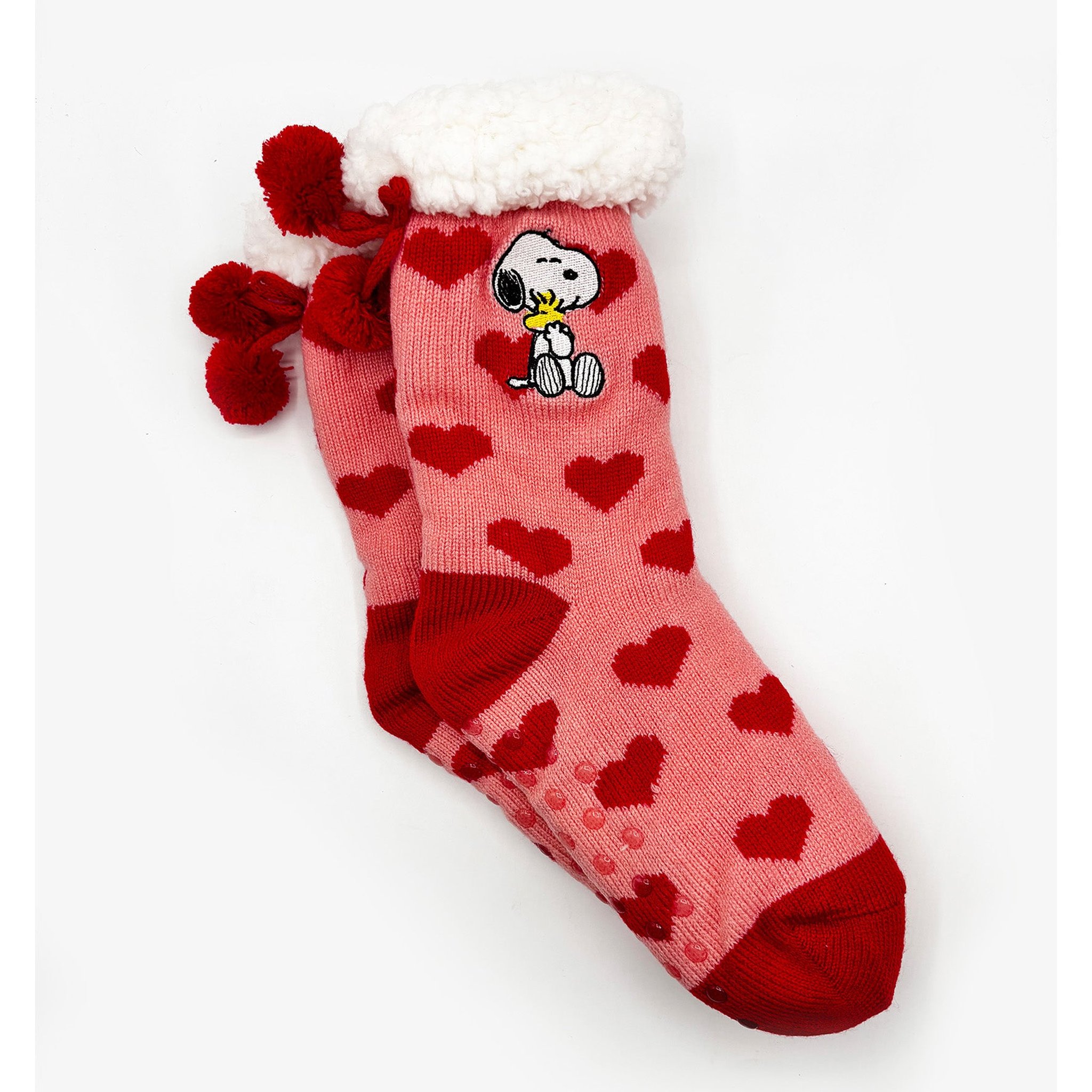 Snoopy Kuschelsocken seitlich mit rotem Bommel und weichem Futter