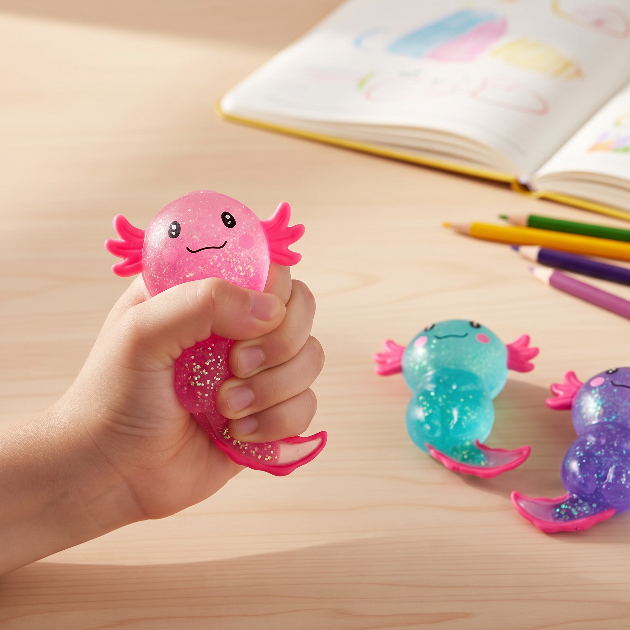 Mano di bambino che schiaccia uno squishy axolotl rosa con glitter sulla scrivania, accanto turchese e viola