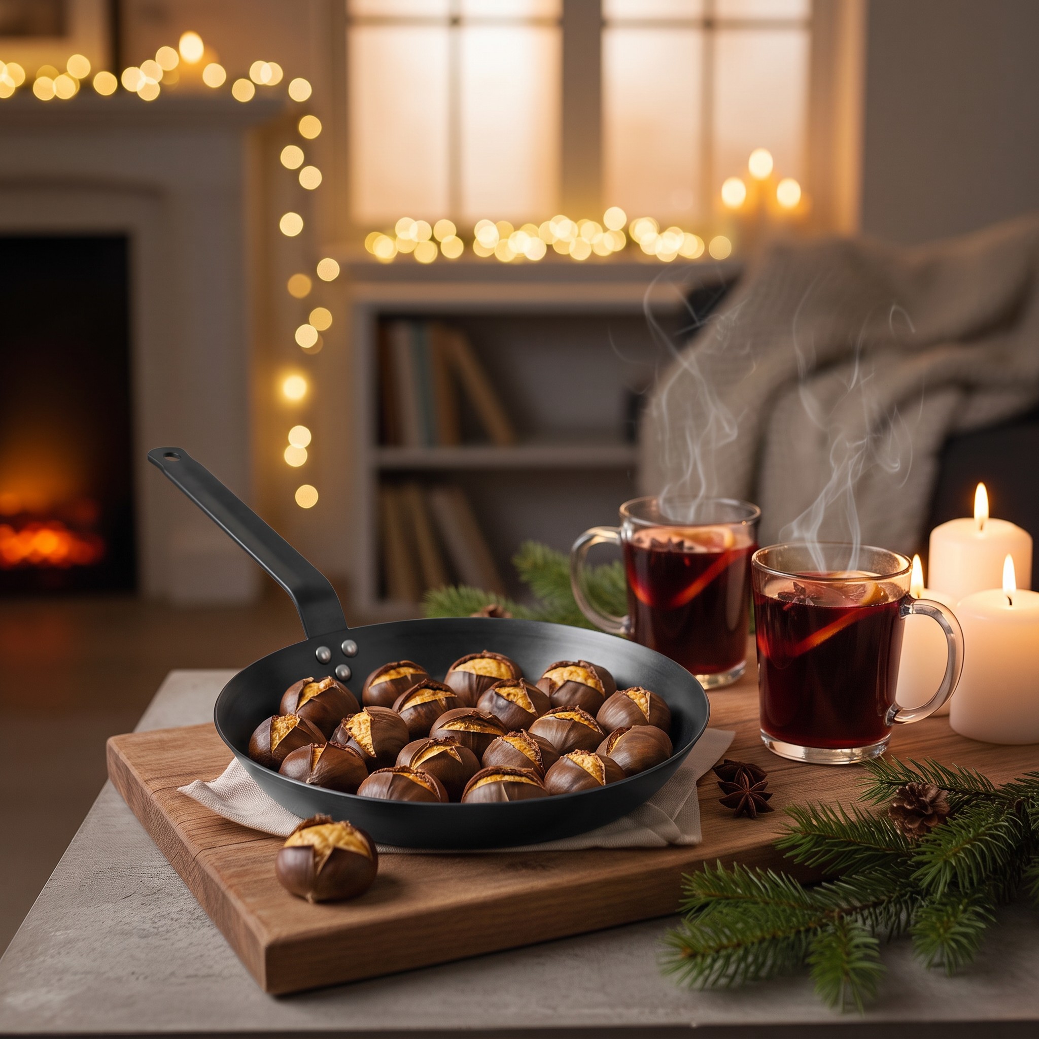 Chestnut pan with roasted chestnuts next to mulled wine and candles on a winter evening