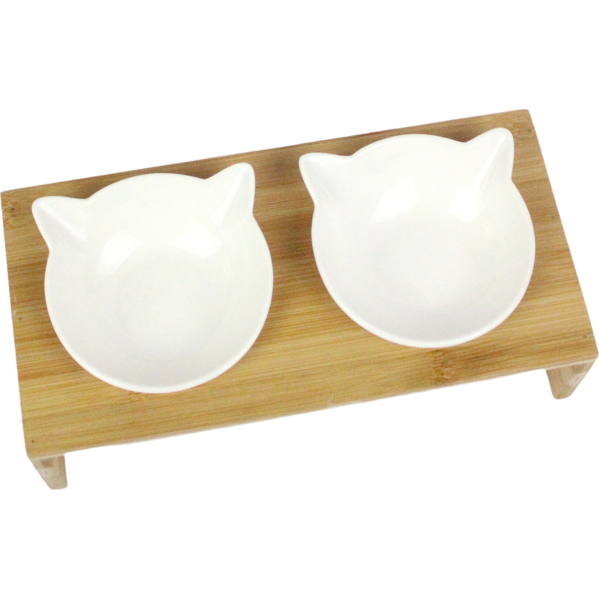 Raised double cat bowl: two white ceramic bowls with cat ears on a bamboo stand, cut out