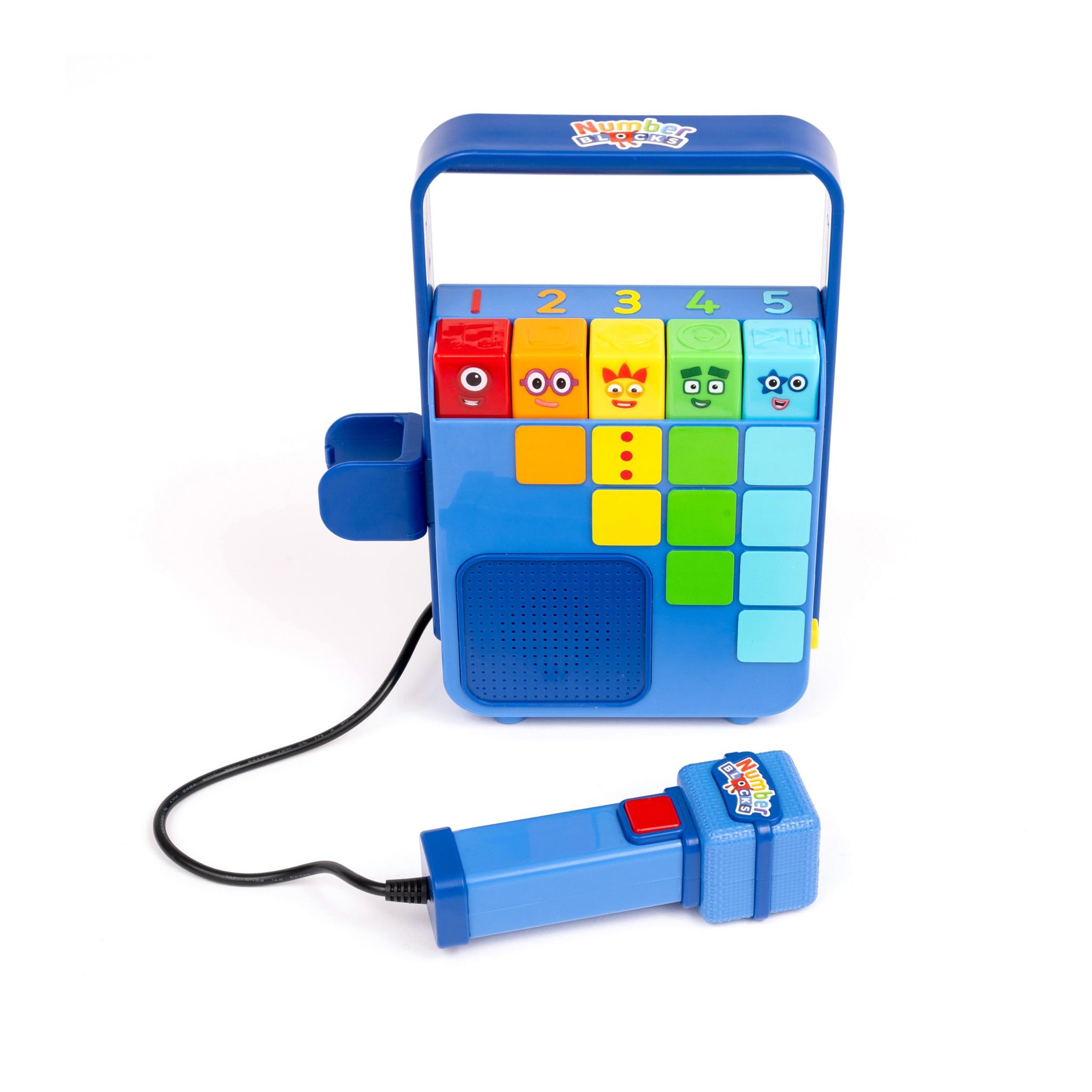 Numberblocks Musik-Player von vorne mit Tragegriff, bunten Zahlentasten und Mikrofon am Kabel