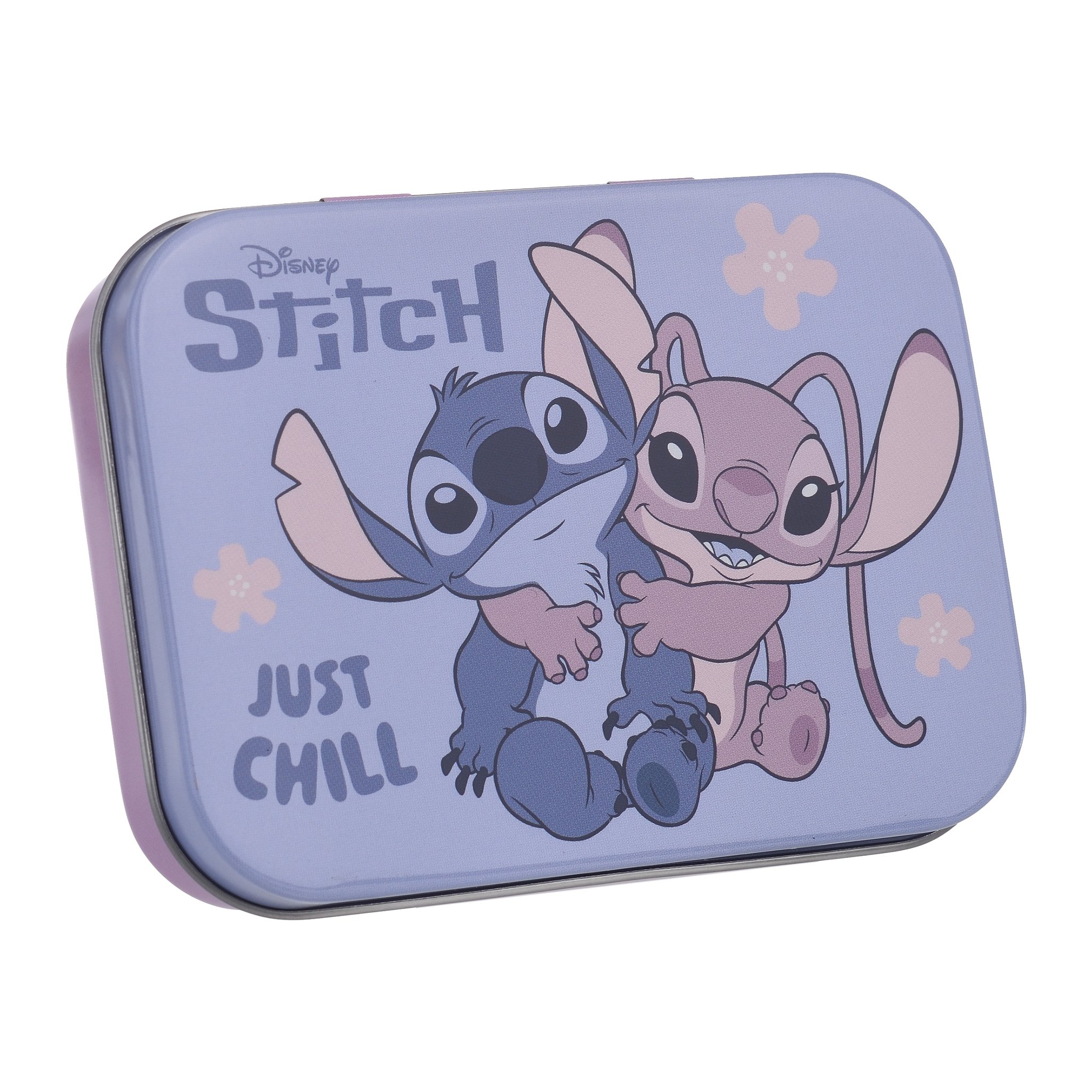 Stitch & Angel plaster tin at an angle, showing the embossed lid