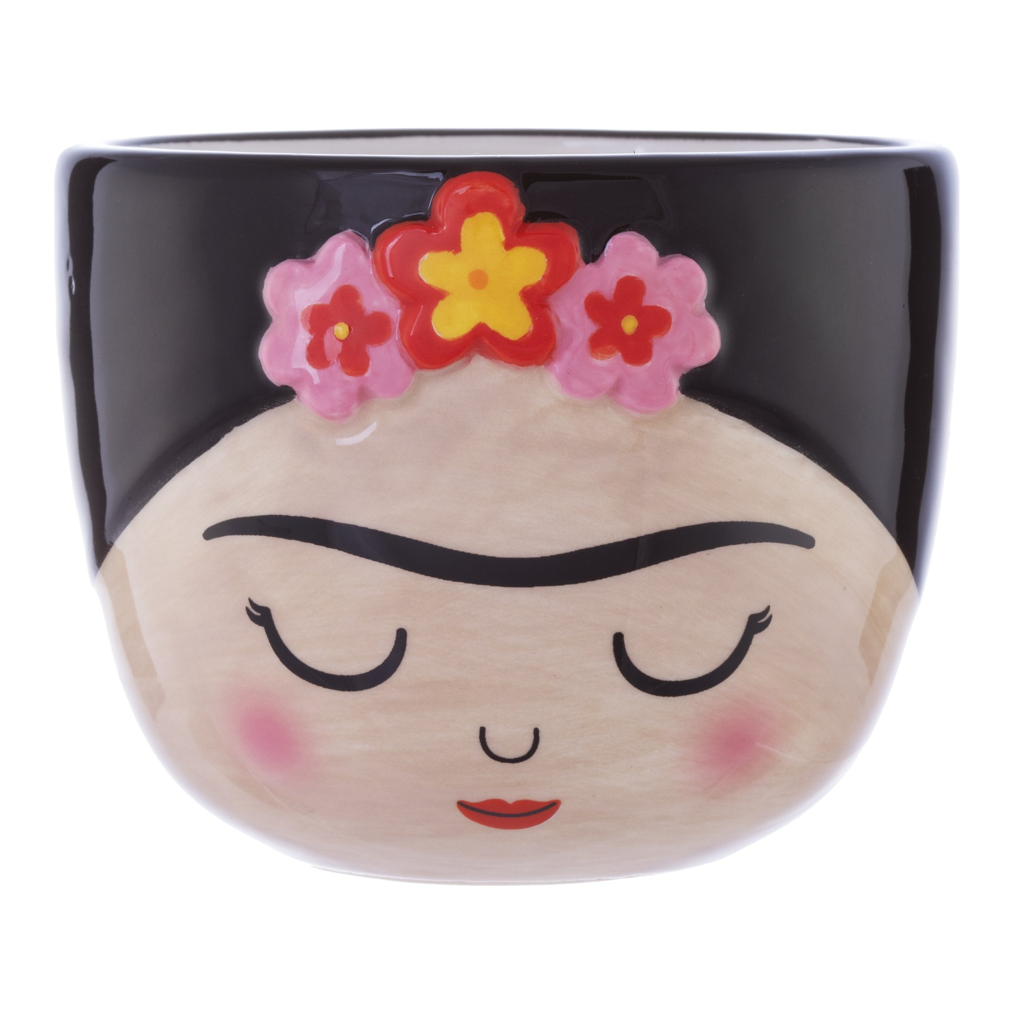 Frida Kahlo Mini-Blumentopf freigestellt, Keramik mit Gesicht und Blumenkranz