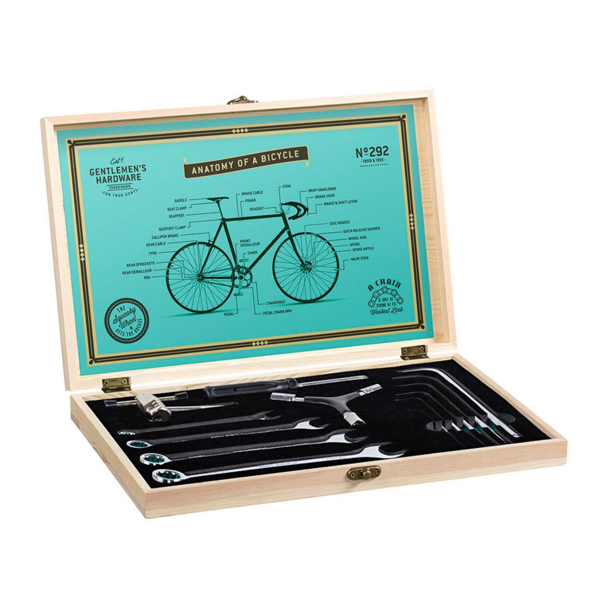 Open wooden box with a turquoise lid showing «Anatomy of a Bicycle» and tools in a black insert