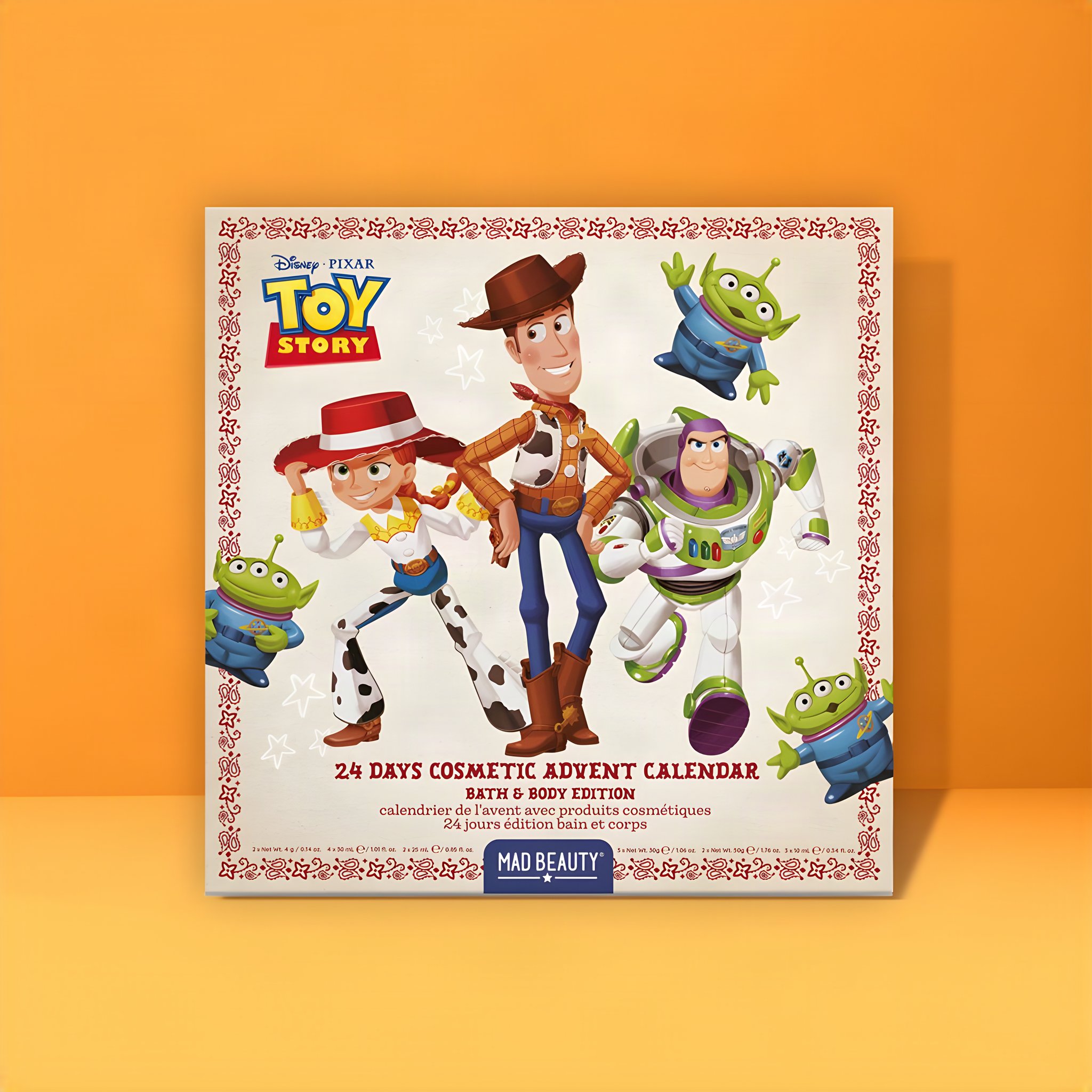 Toy Story Adventskalender Bath & Body mit Woody, Jessie, Buzz und den Aliens vor Orange