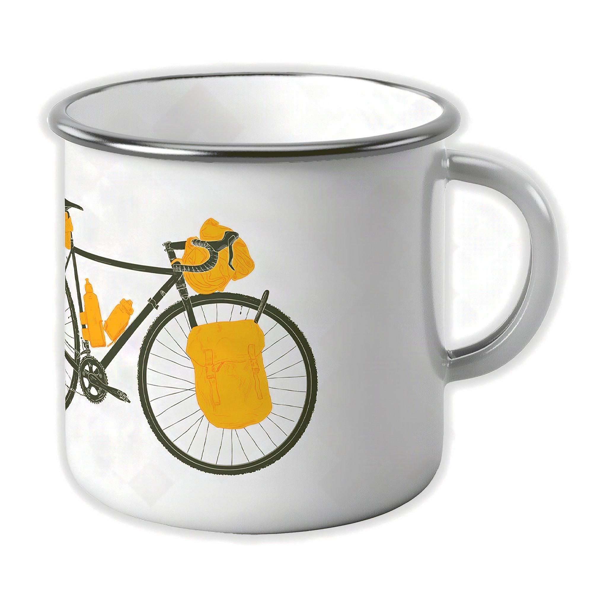 Tazza smaltata con bici, vista laterale con manico