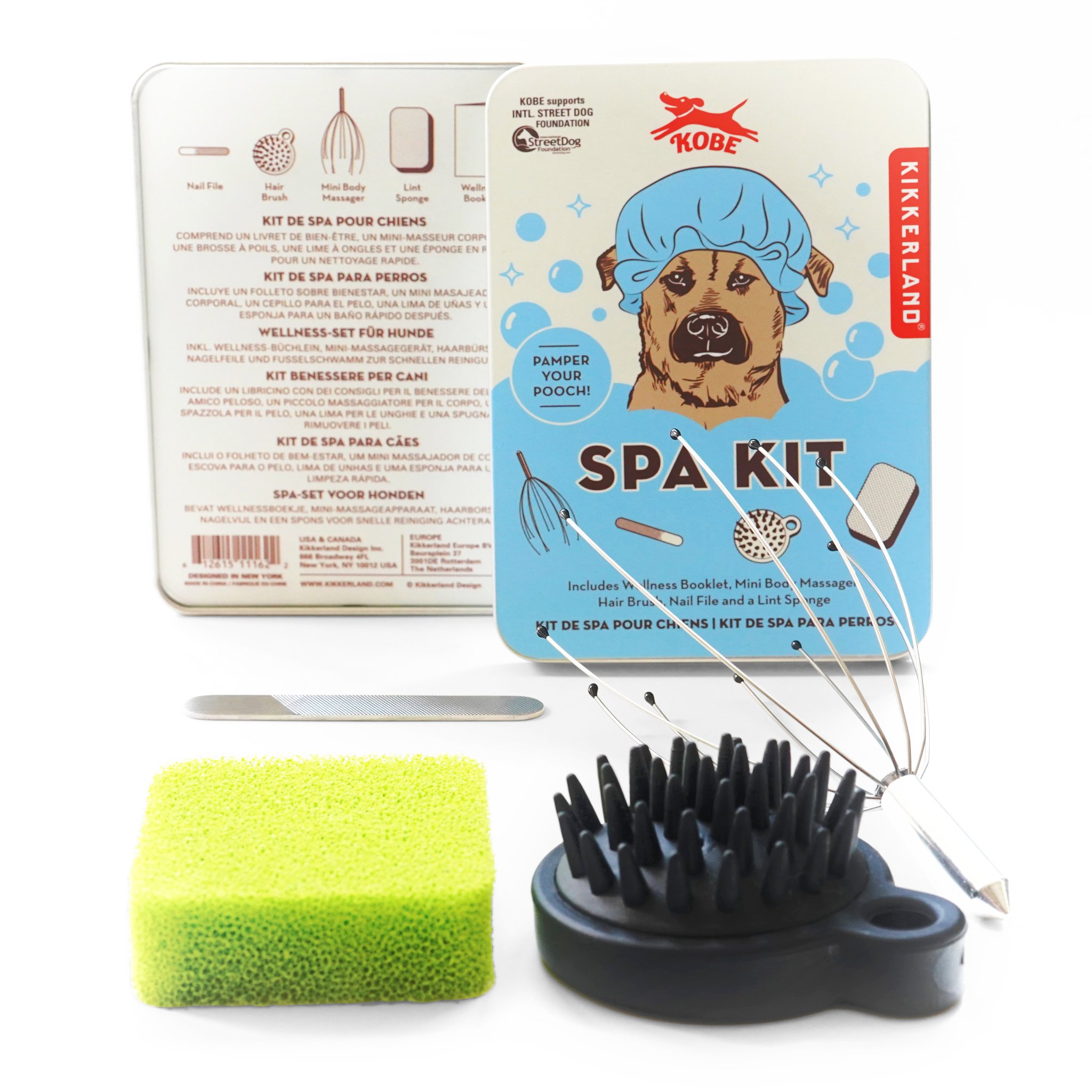 Set per la cura del cane DIG26 Kikkerland — Kit completo in scatola di metallo con spazzola e lima