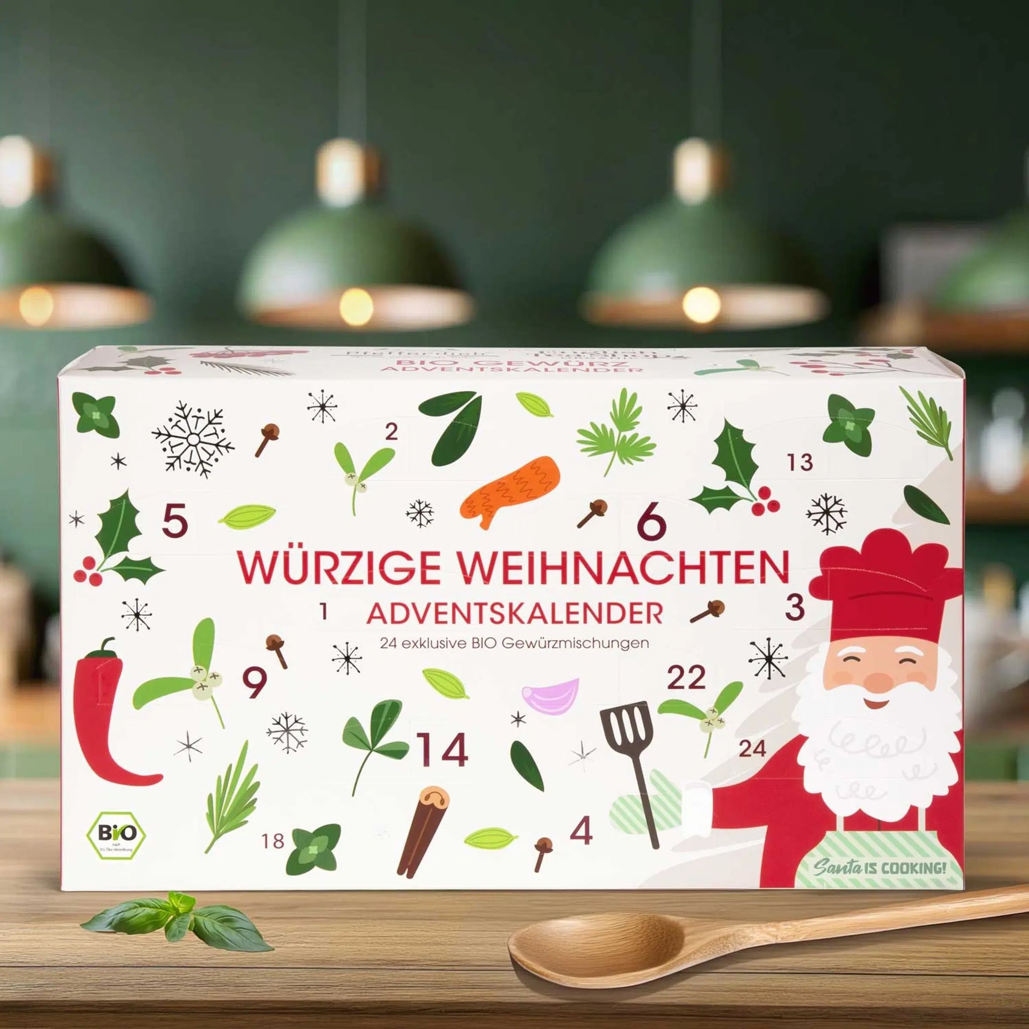 Adventskalender Würzige Weihnachten mit Bio-Gewürzmischungen auf dem Küchentisch neben einem Holzlöffel