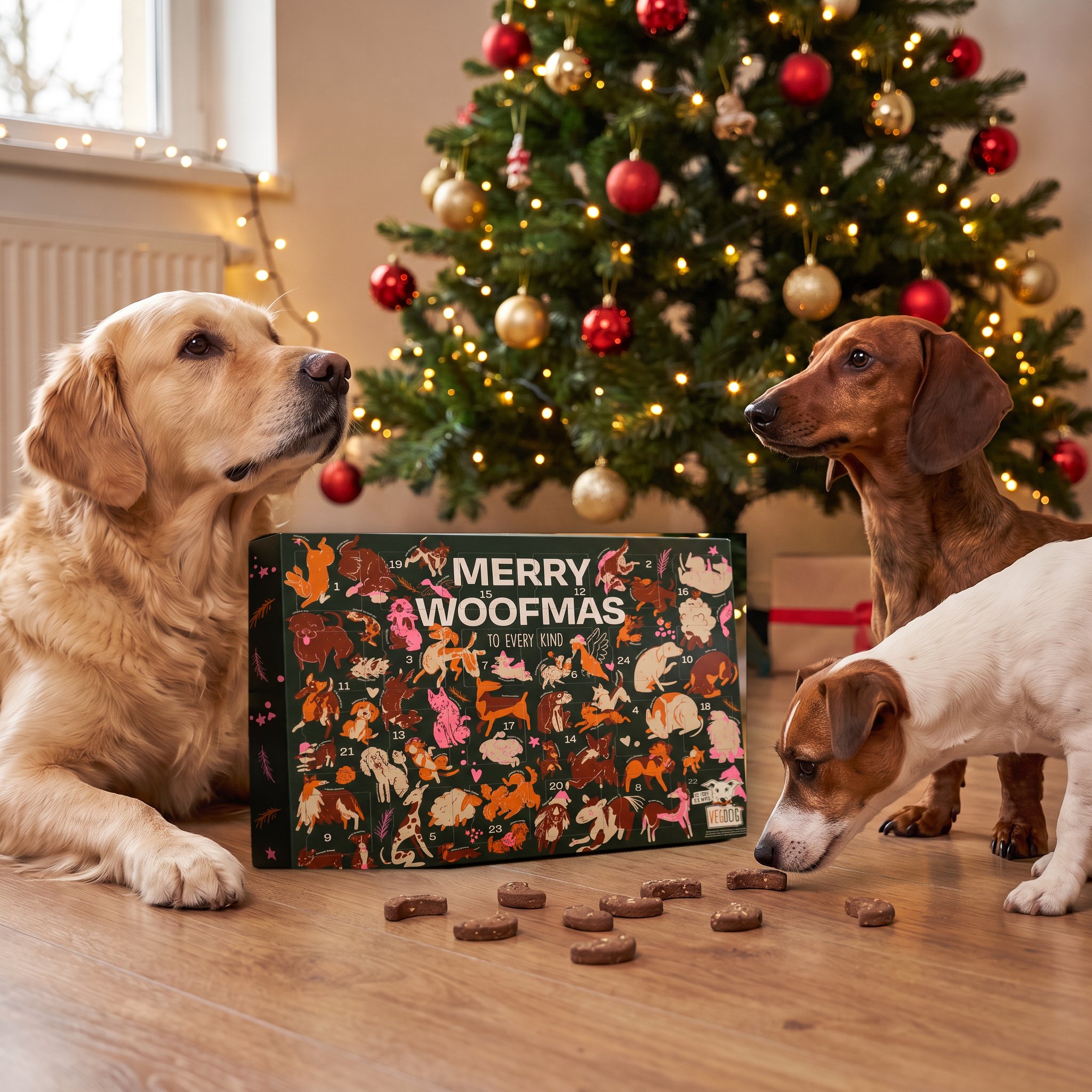 Calendrier de l'Avent pour chiens avec Winter Cookies – trois chiens devant le sapin de Noël autour du calendrier «Merry Woofmas»