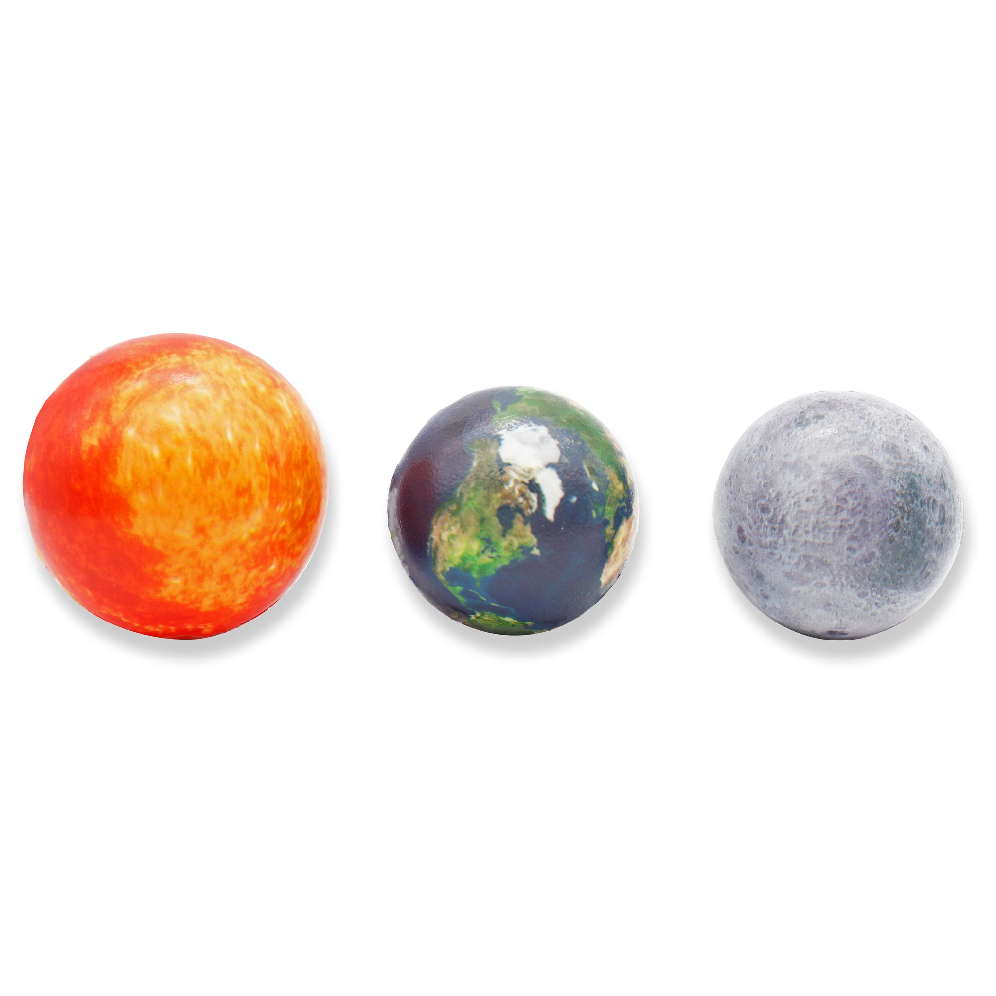 Planeten-Stressbälle Sonne, Erde und Mond nebeneinander