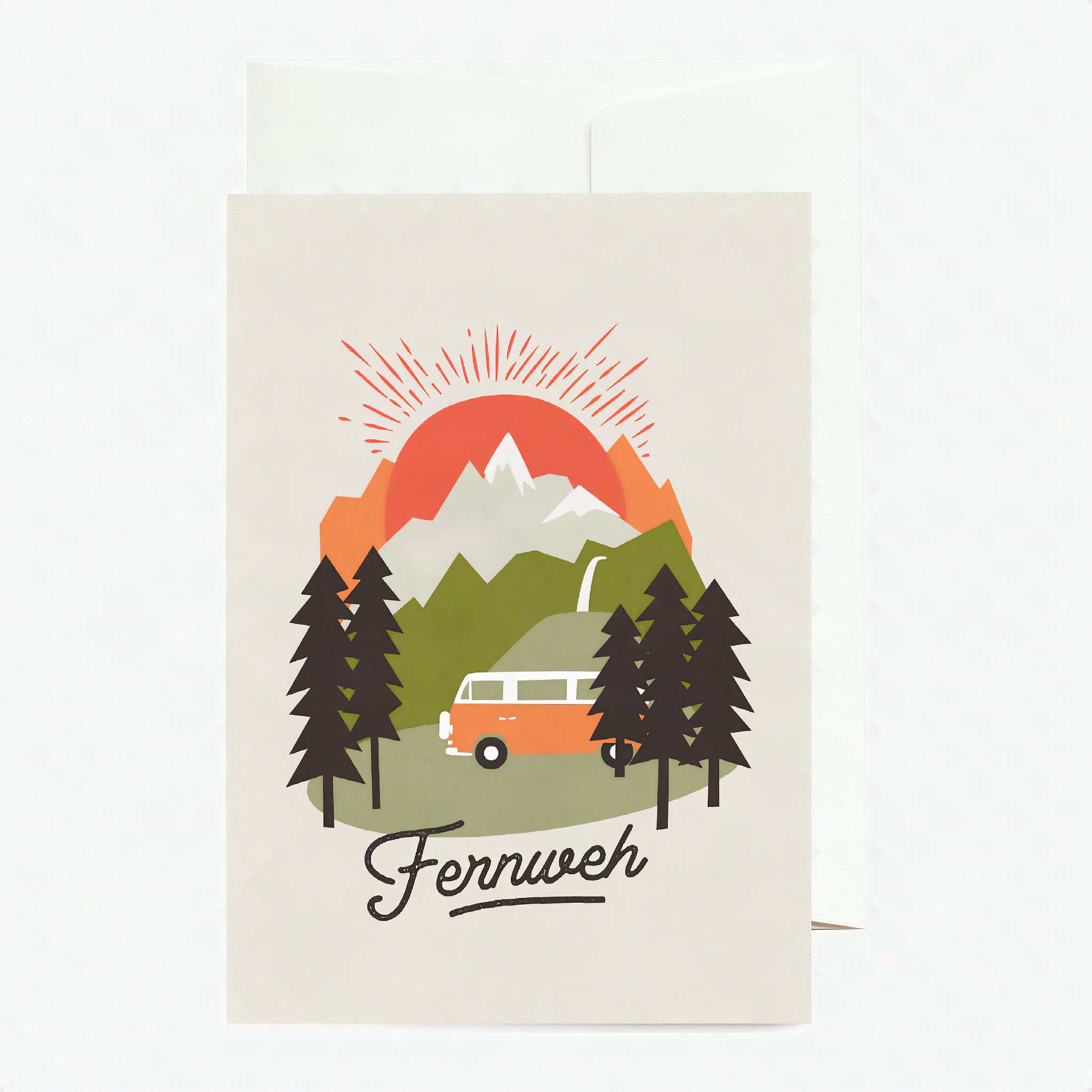Grusskarte Fernweh mit Campervan zwischen Bergen und Baeumen