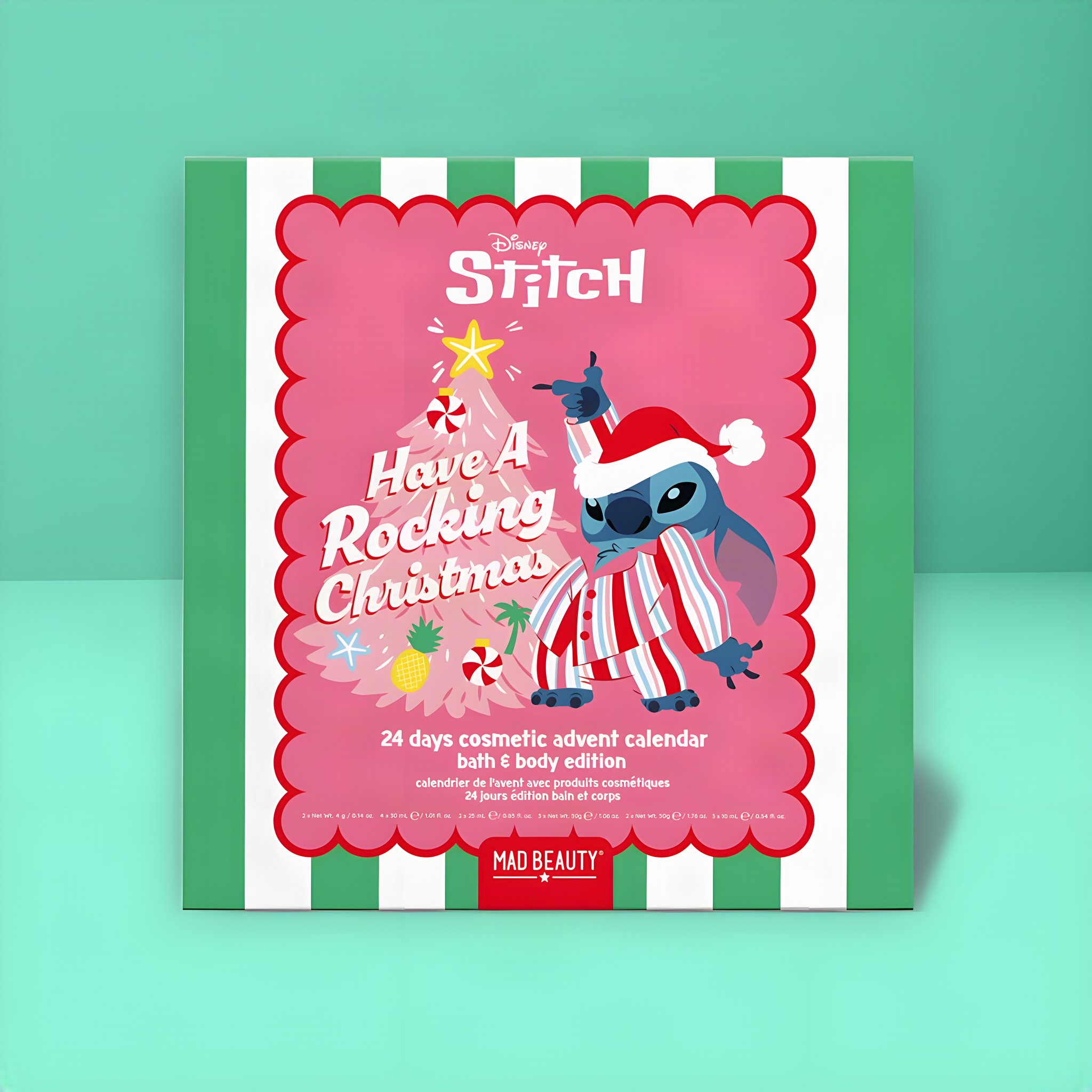 Stitch Rocking Christmas Adventskalender: Kalenderbox mit Stitch im gestreiften Weihnachtsoutfit vor Mint
