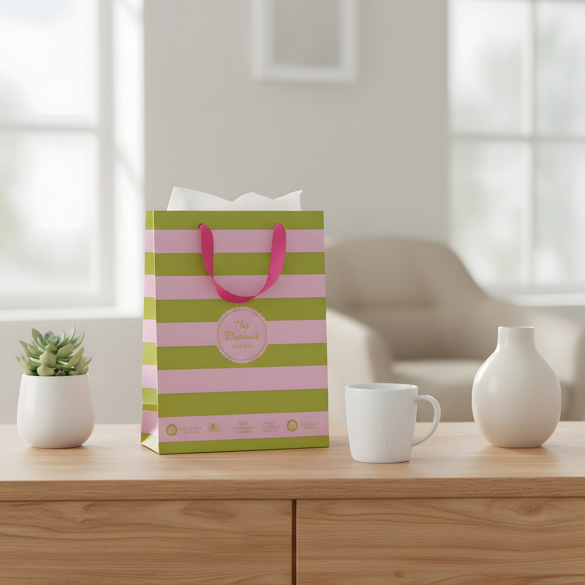 Busta regalo media a righe verdi e rosa di Ohh Deer con carta velina e tazza su una credenza in soggiorno