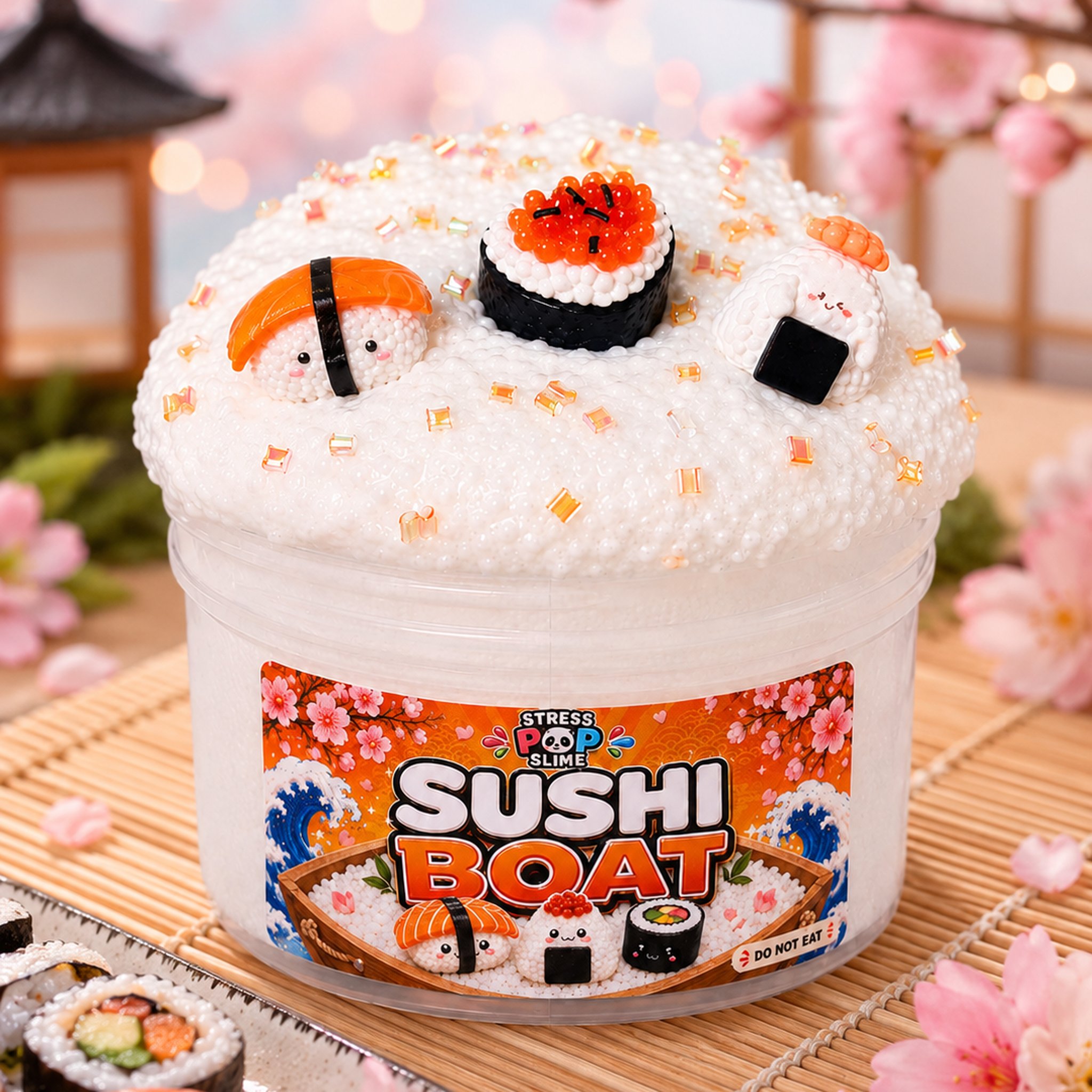 Sushi Boat Butter-Slime mit Sushi-Charms auf einer Bambusmatte (KI-Darstellung)