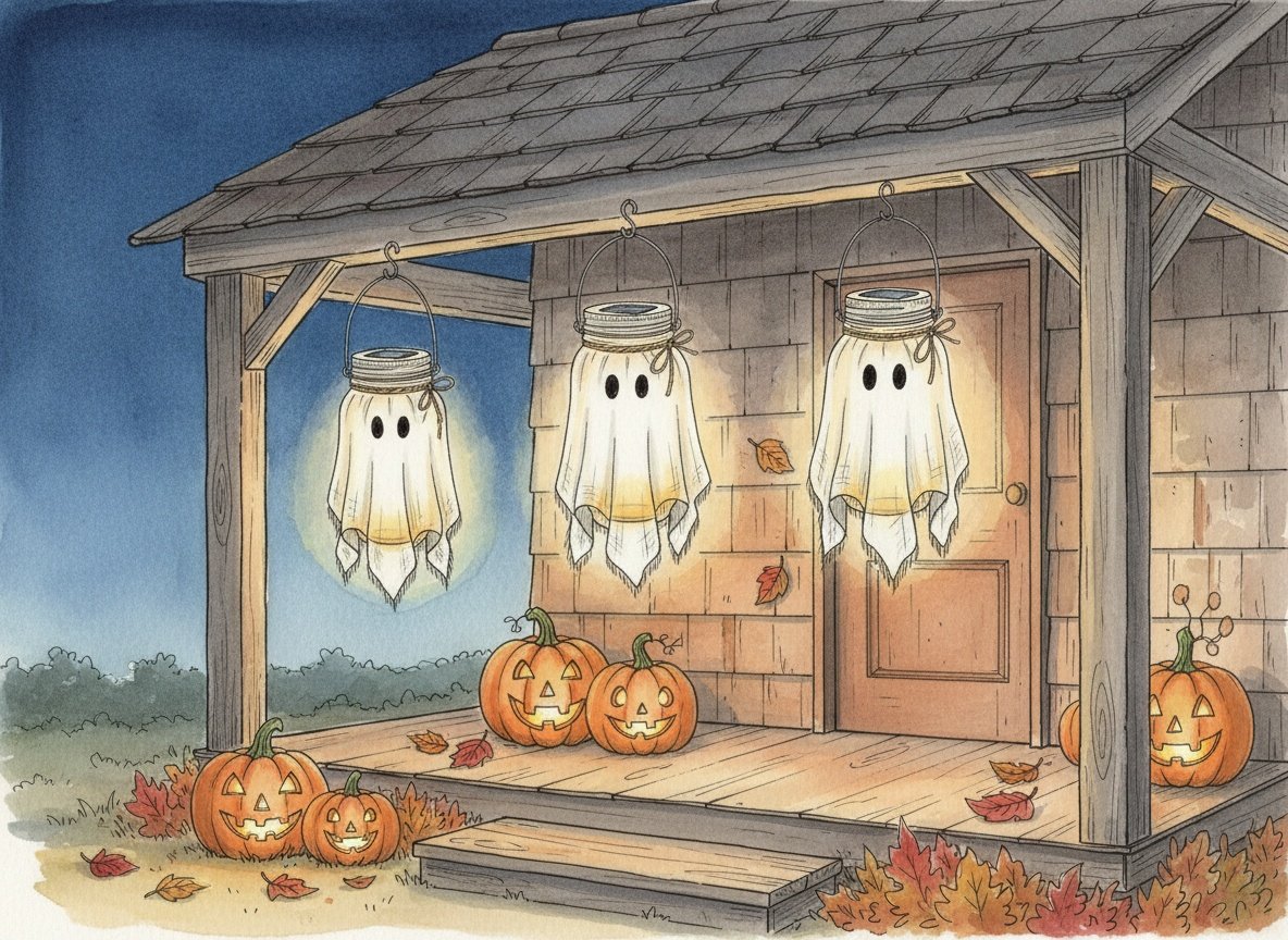 Sketch: three glowing ghost lanterns hanging under a porch roof in the evening, carved pumpkins below