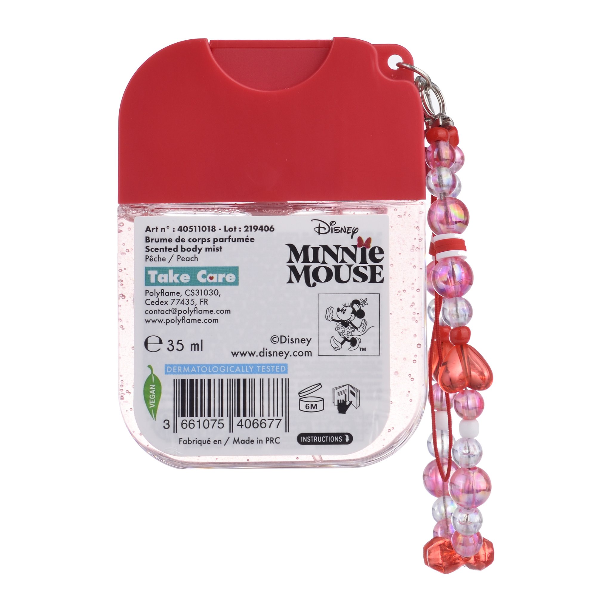 Back of the Minnie Mouse body mist showing the peach scent and 35 ml content