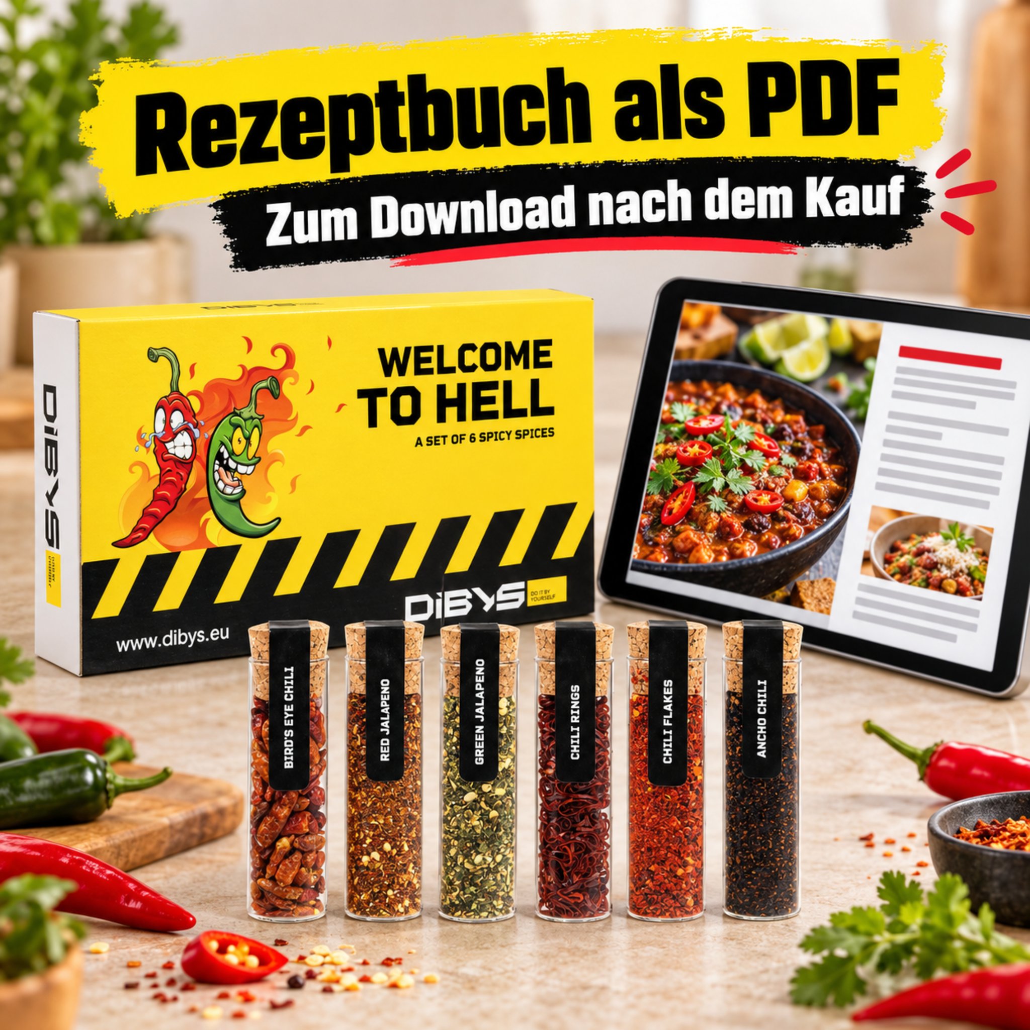 Chilli gift set with six glass tubes and a tablet showing the PDF recipe book