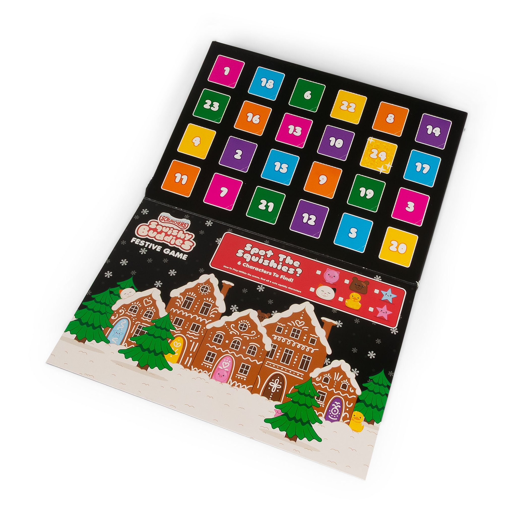 Aufgeklappter Adventskalender mit 24 bunten Türchen und dem Suchspiel im Lebkuchen-Dorf