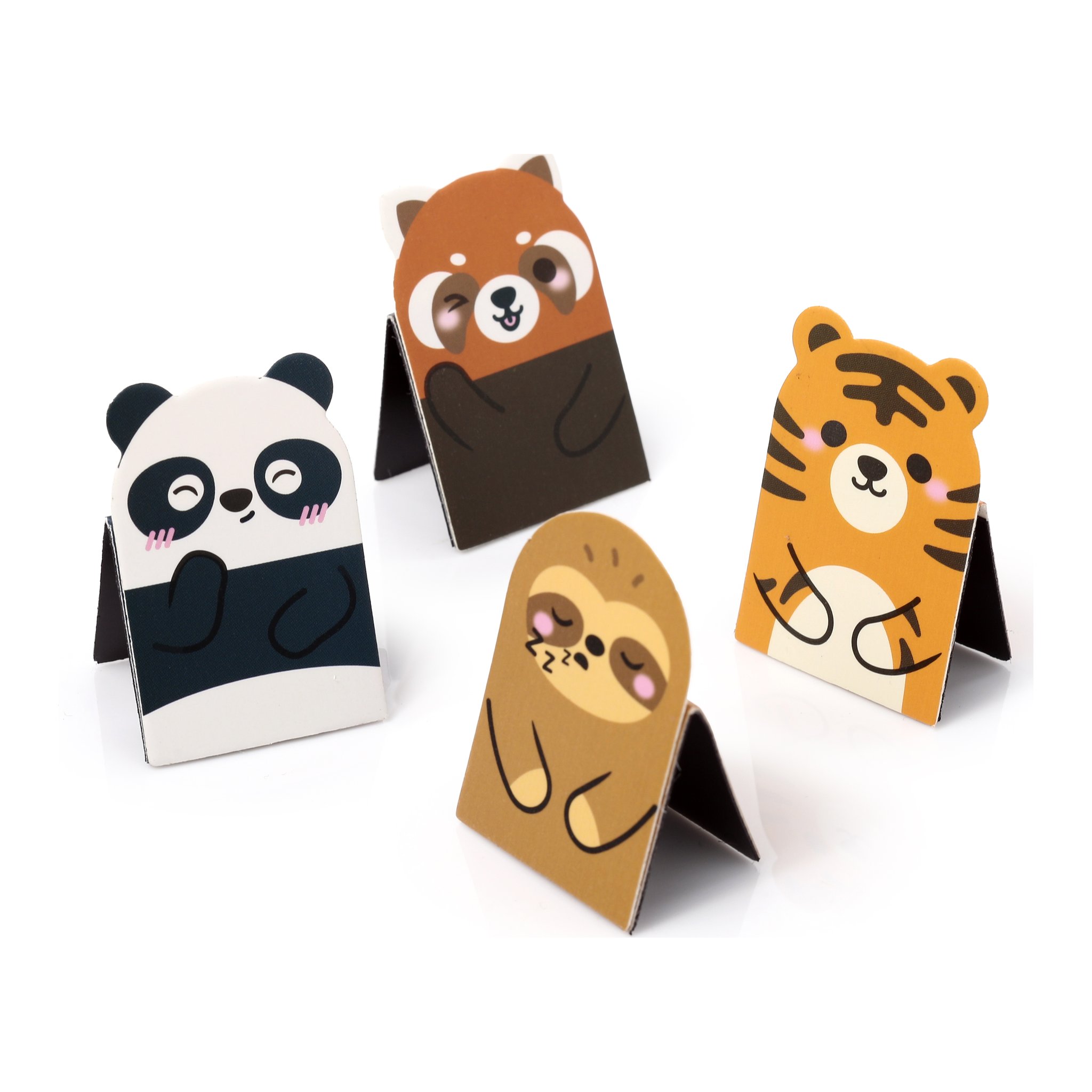 Vier Magnetlesezeichen mit Tiger, Panda, Faultier und Rotem Panda aufgestellt