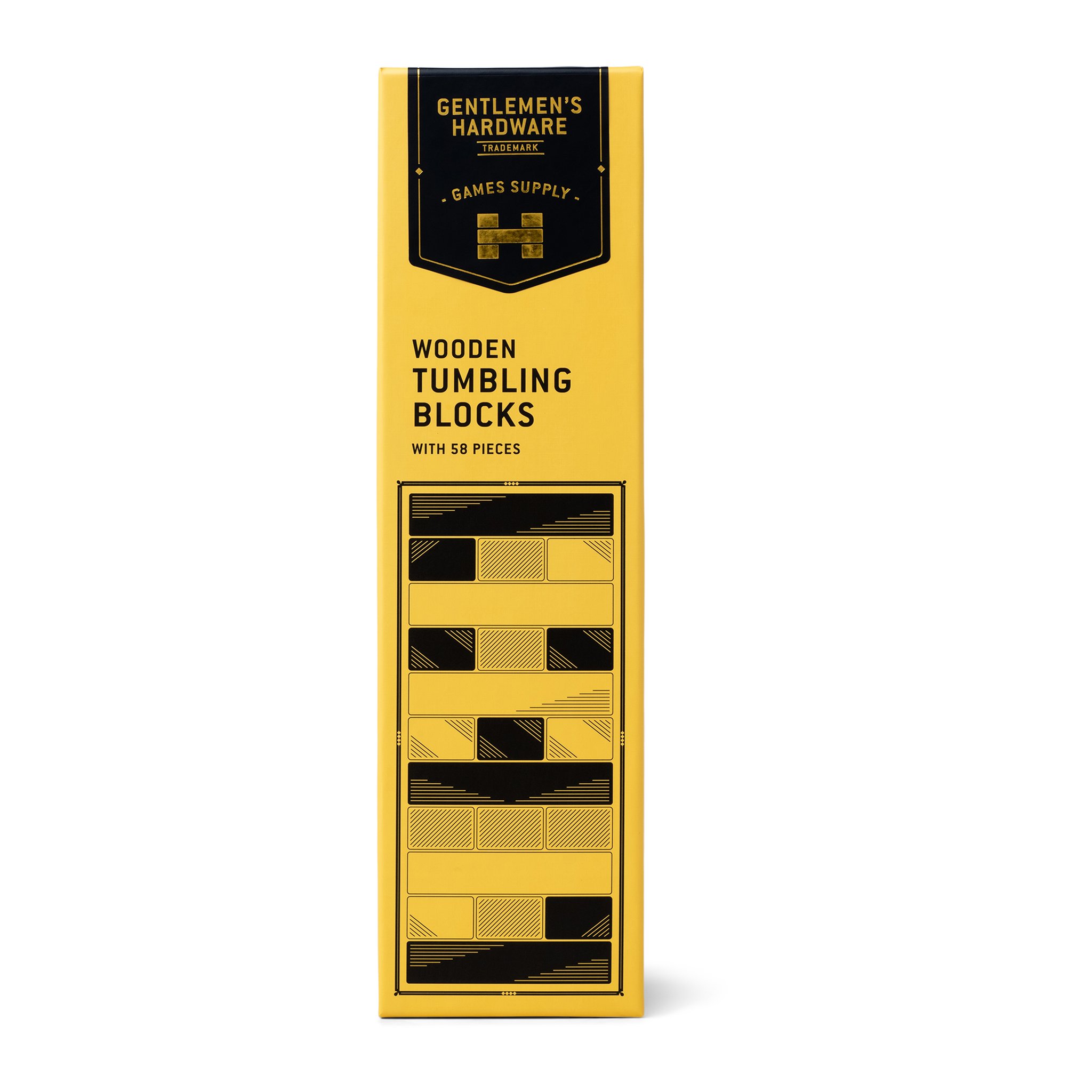 Gelbe Verpackung des Stapelturm-Spiels von vorne, mit dunklem Wappen-Etikett und Turm-Grafik in Schwarz