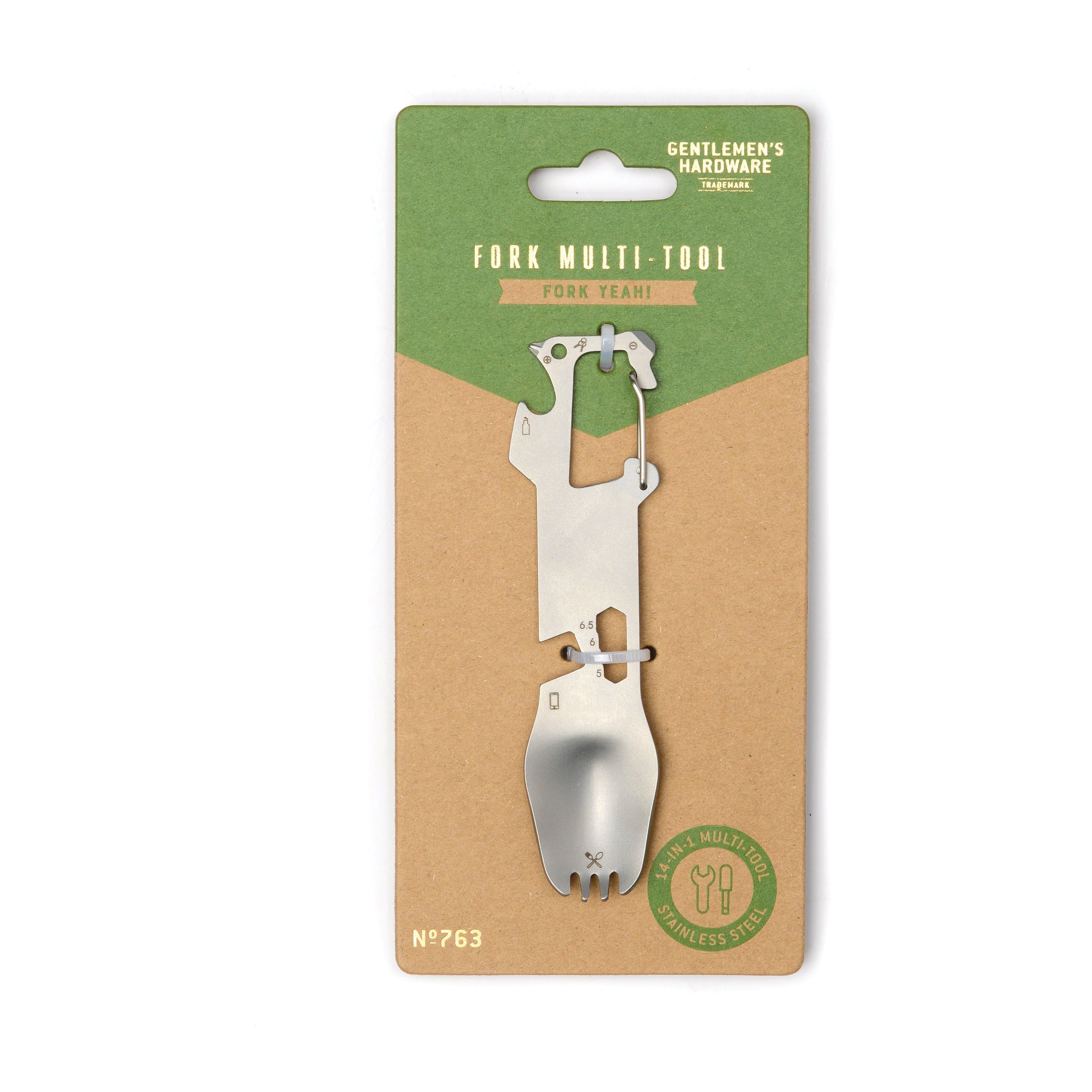 Fourchette multifonctions sur son carton vert et brun portant l'inscription «Fork Multi-Tool» et «Fork yeah!»