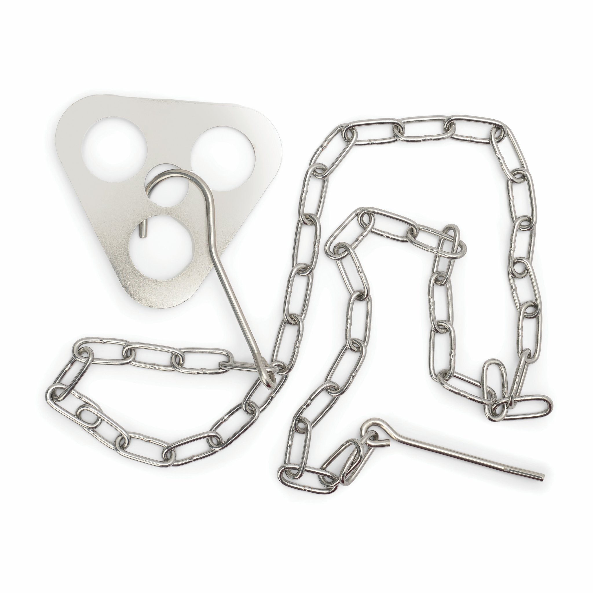 Triangular steel bracket, chain and hook of the Campfire Tripod Set laid out loosely on a white background
