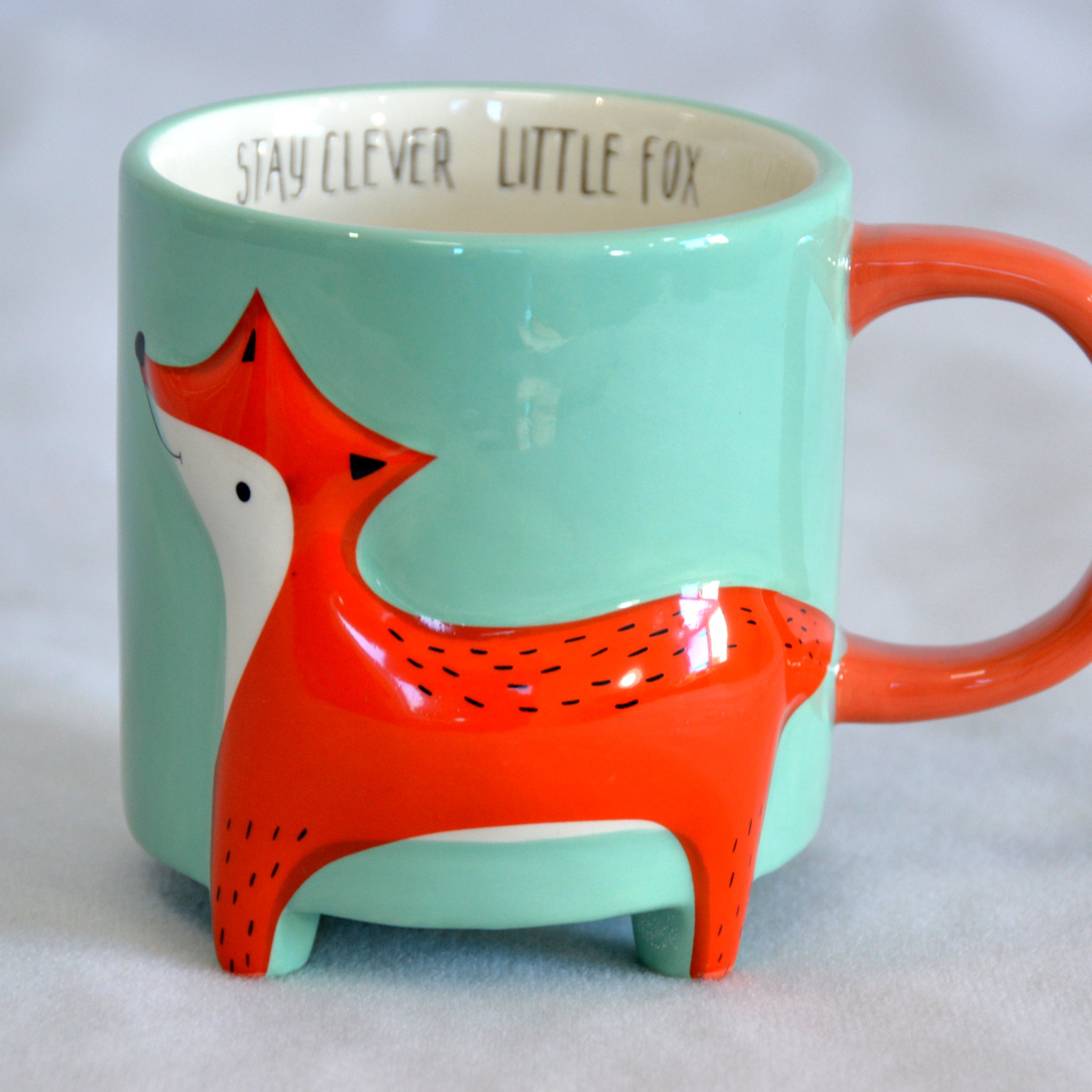 Fox coffee mug with lettering and fox motif, detail view