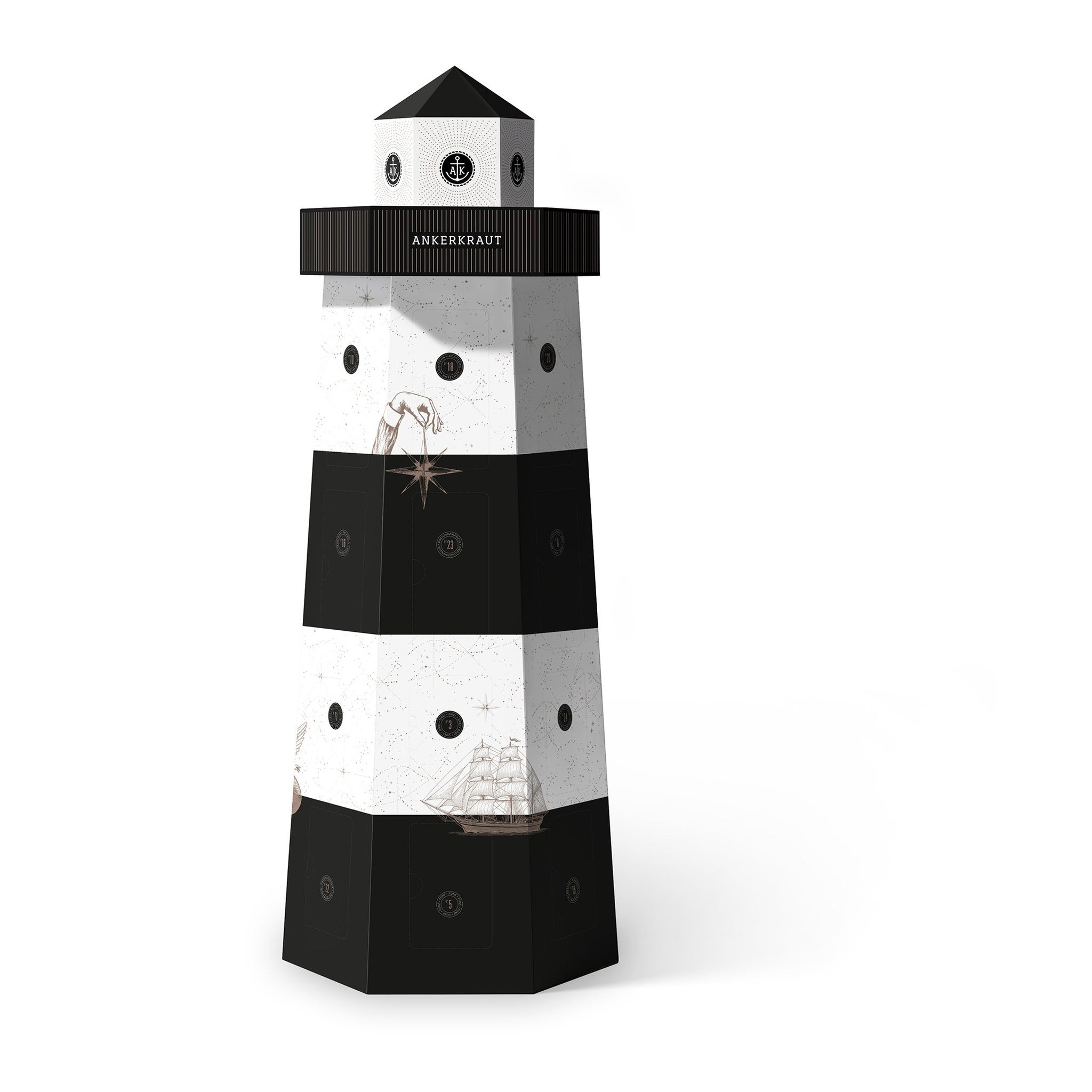 Gewürz-Adventskalender Leuchtturm von Ankerkraut in Schwarz-Weiss freigestellt