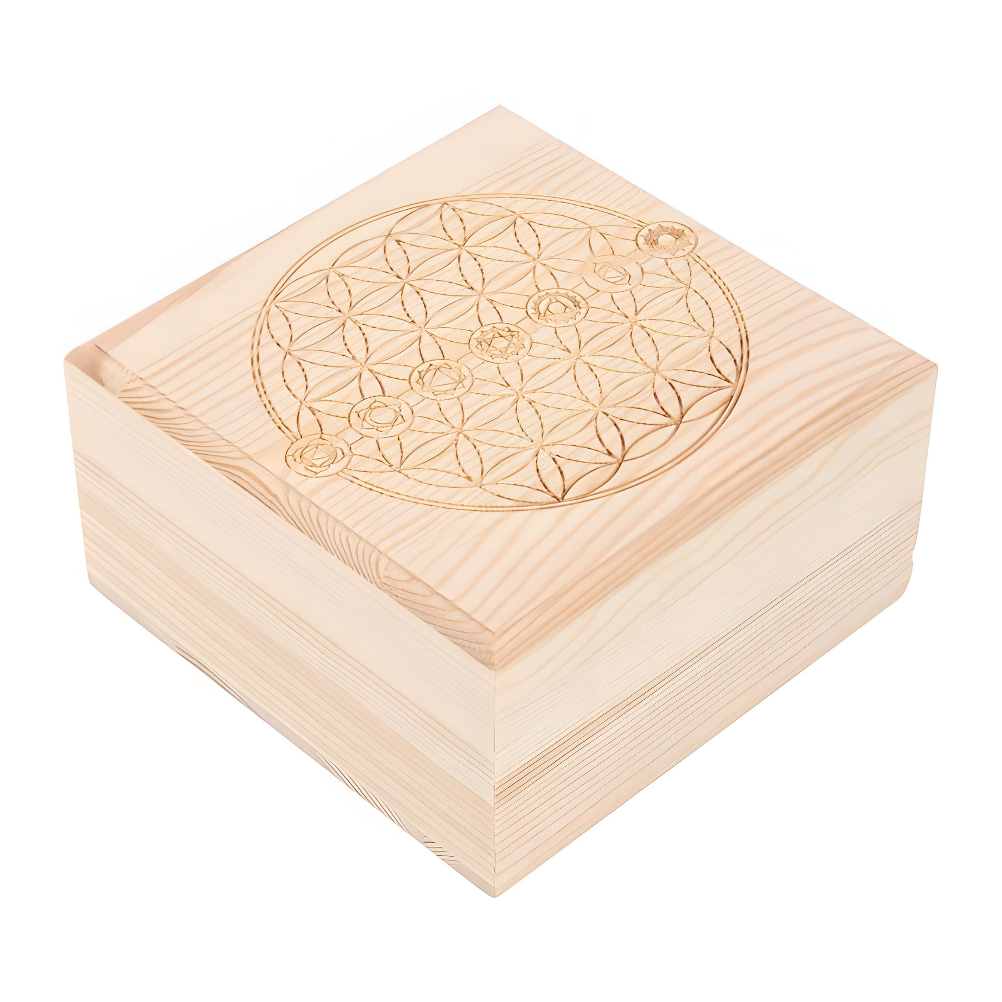 Closed chakra wooden box with engraved flower of life