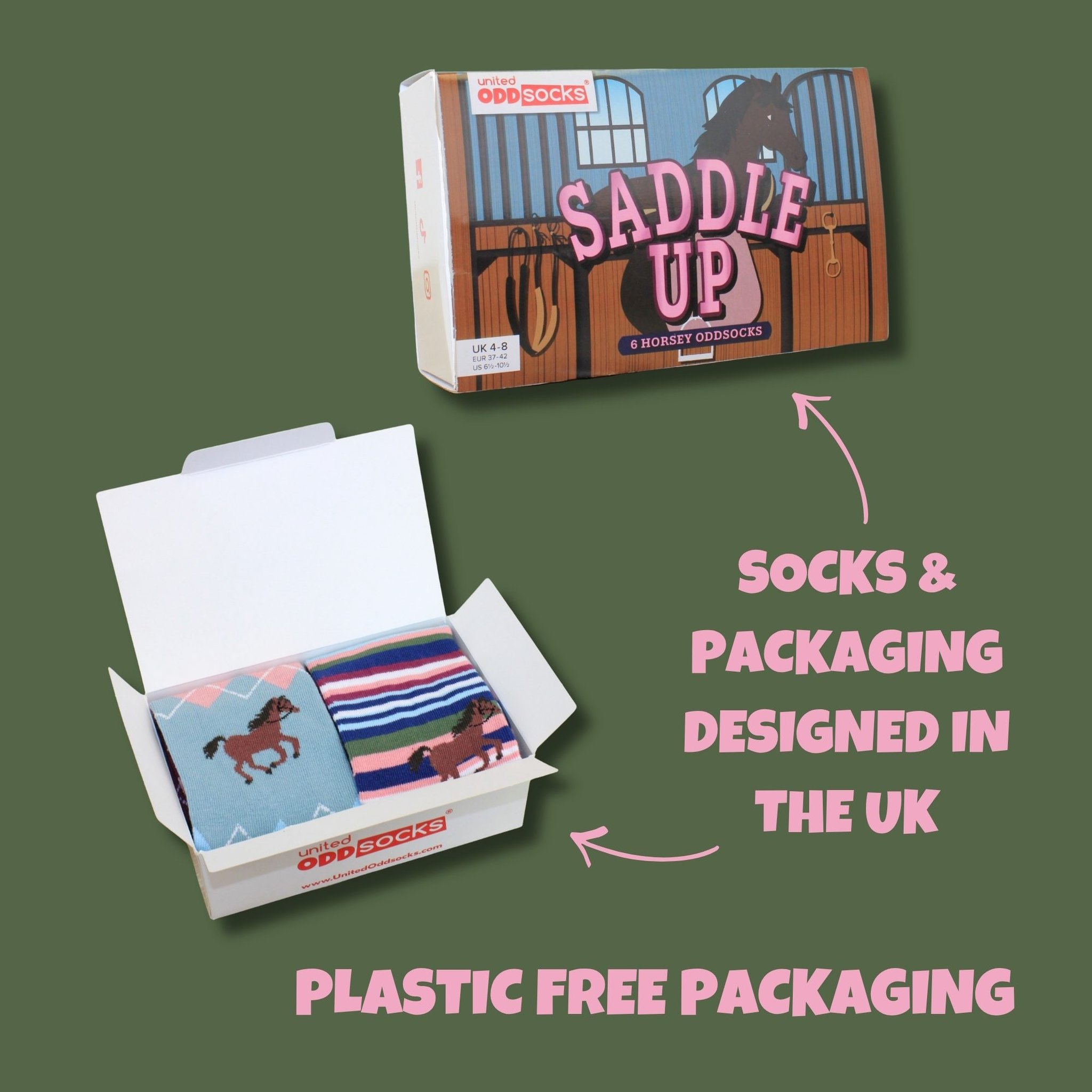 Geöffnete Stall-Geschenkbox des Saddle Up Socken-Sets