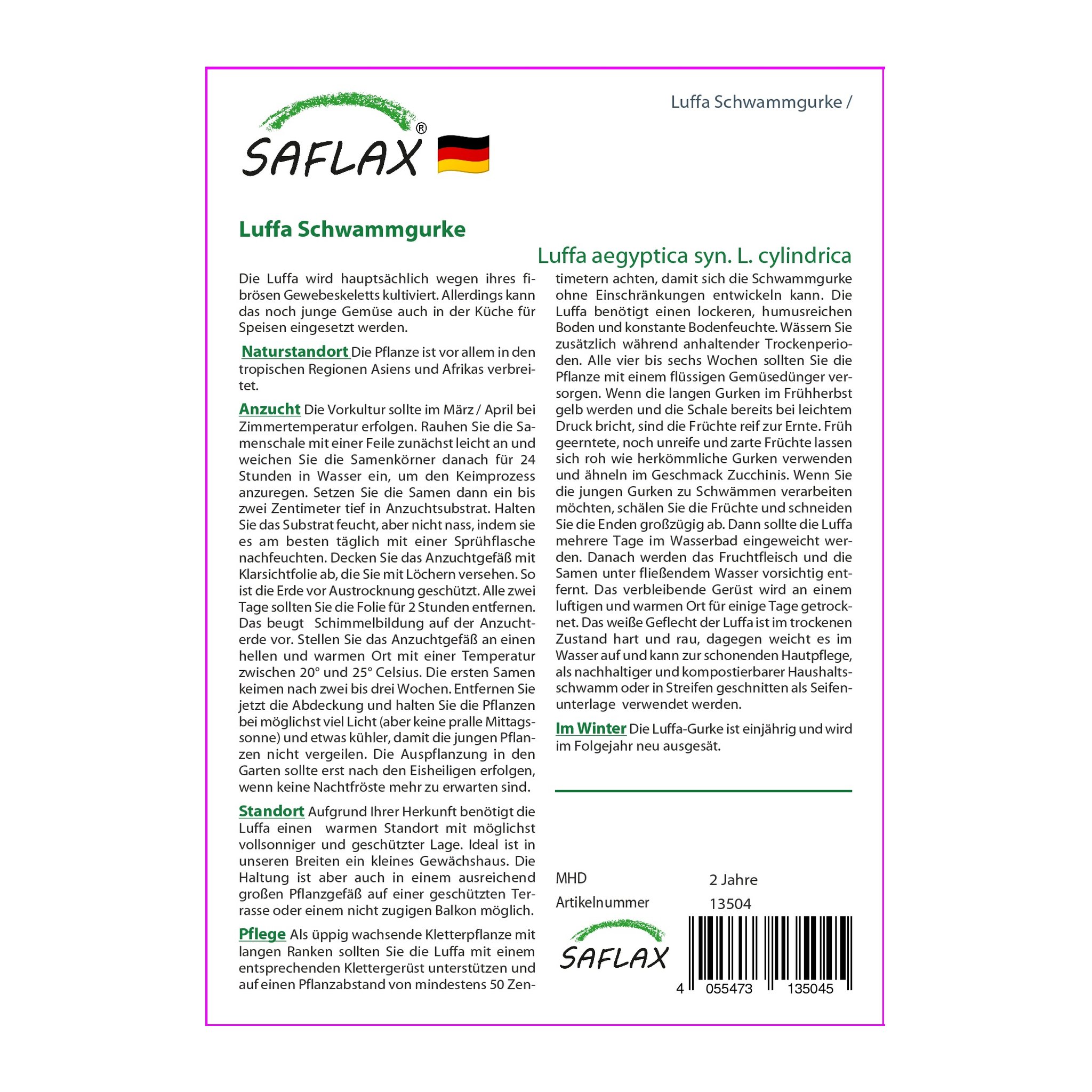 Samentüte Luffa Schwammgurke von Saflax, Rückseite mit Anzuchtanleitung