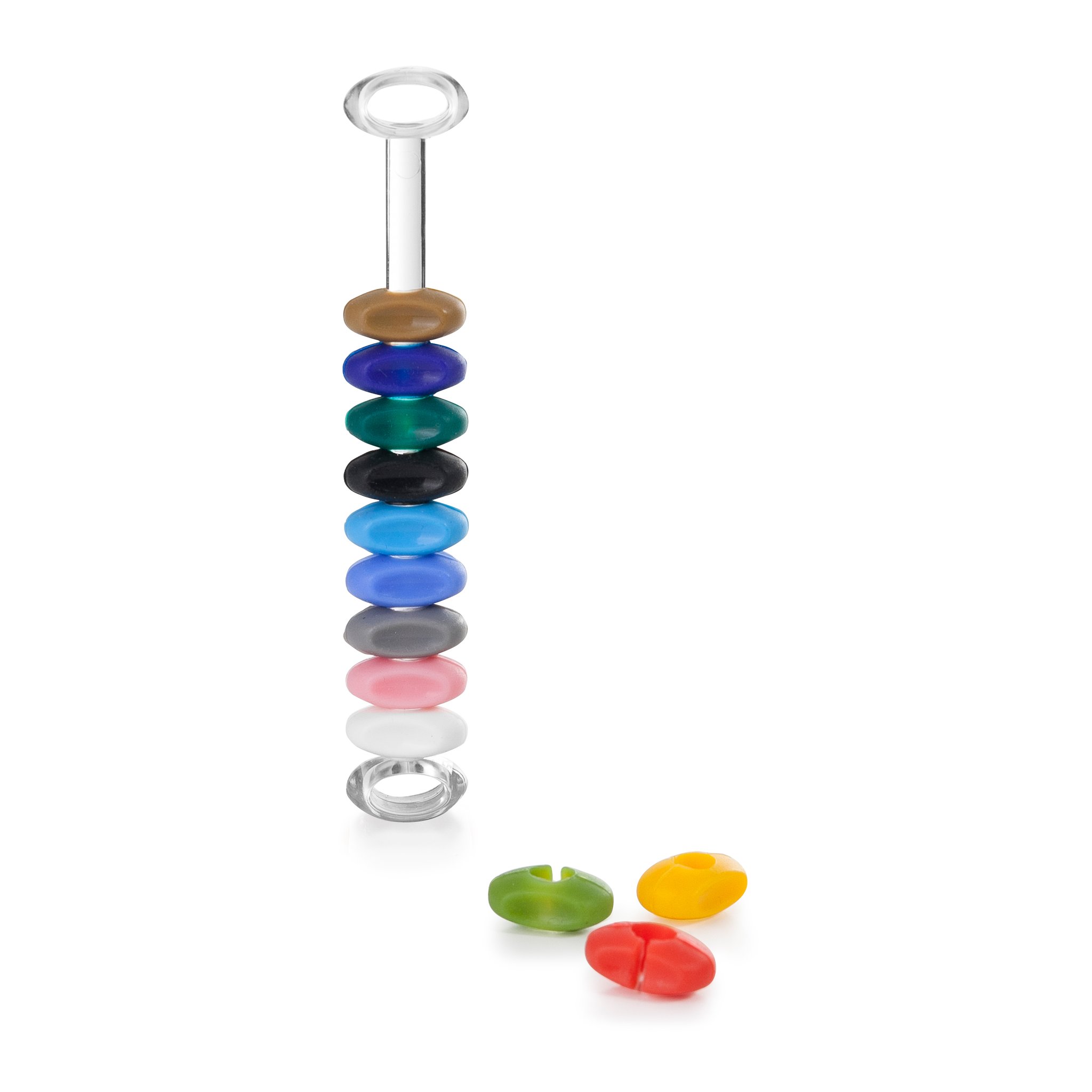 Twelve coloured glass markers lined up on the clear holder