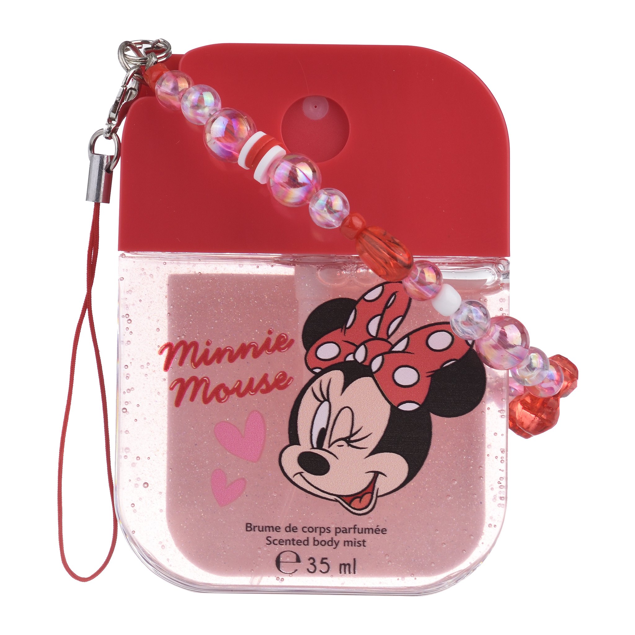 Minnie Mouse body mist 35 ml with a red spray cap and a strap of pink decorative beads