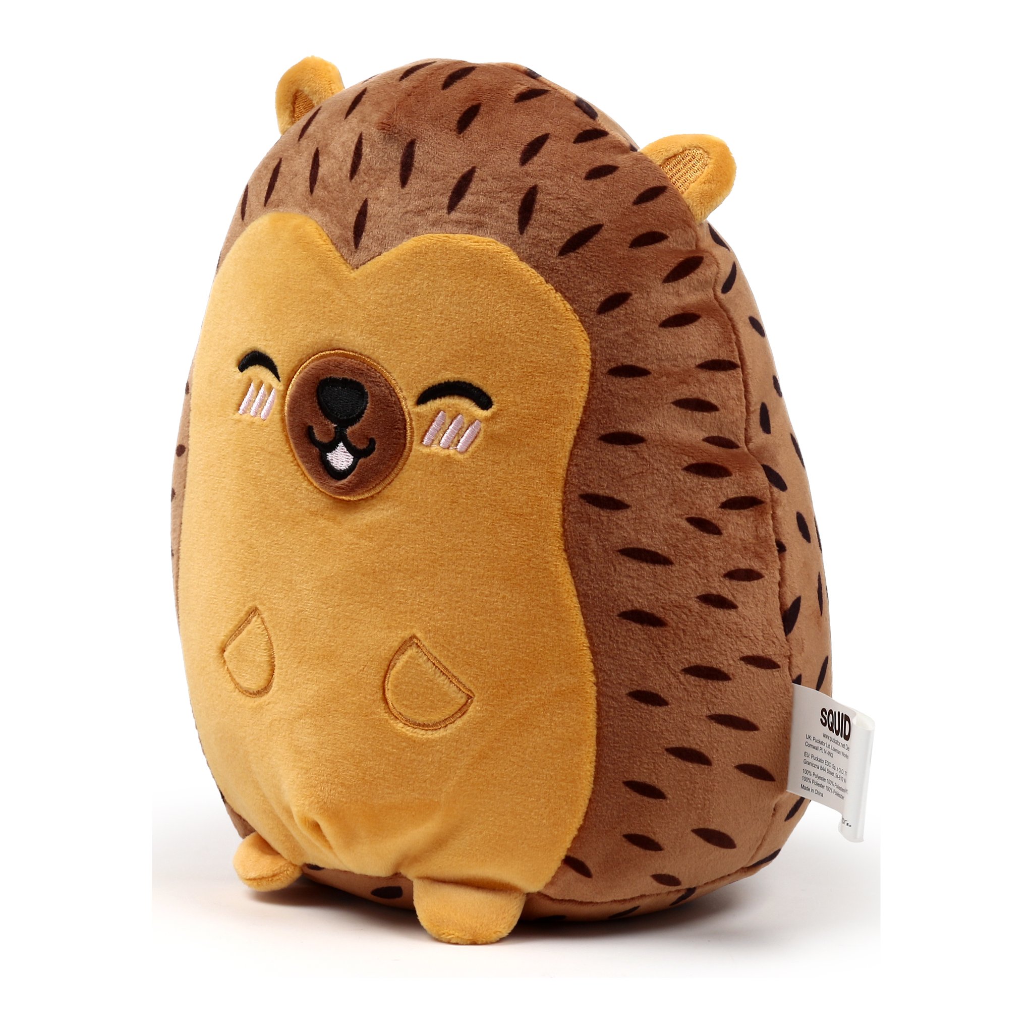 Hedgehog plush cushion from the side