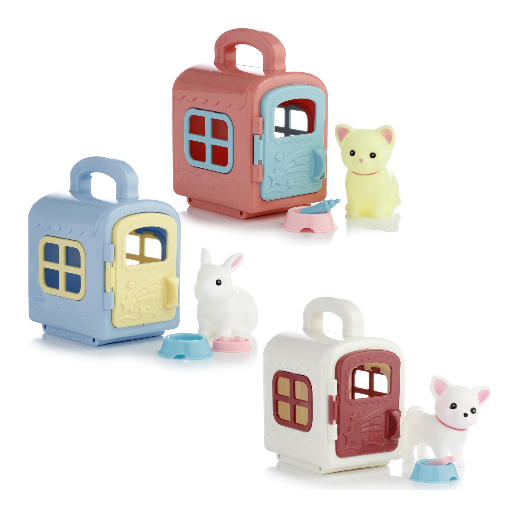 Three pet play boxes with cat, rabbit and dog