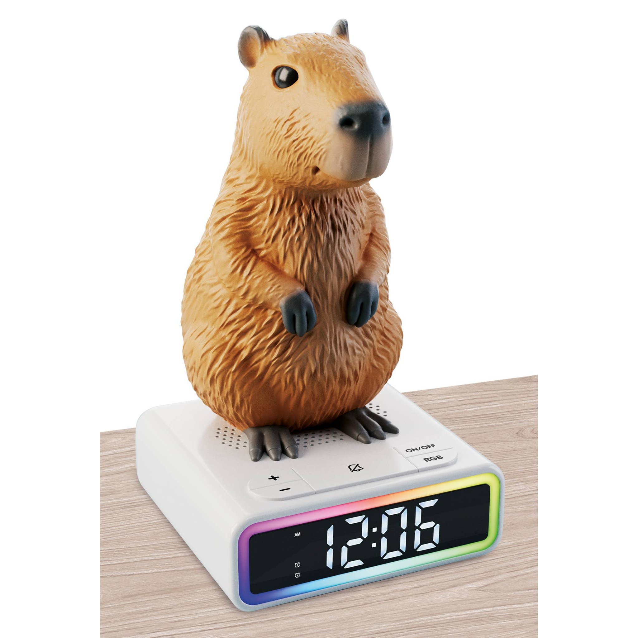 Capybara Wecker von Lisciani mit digitaler LED-Anzeige und farbigem RGB-Leuchtrahmen