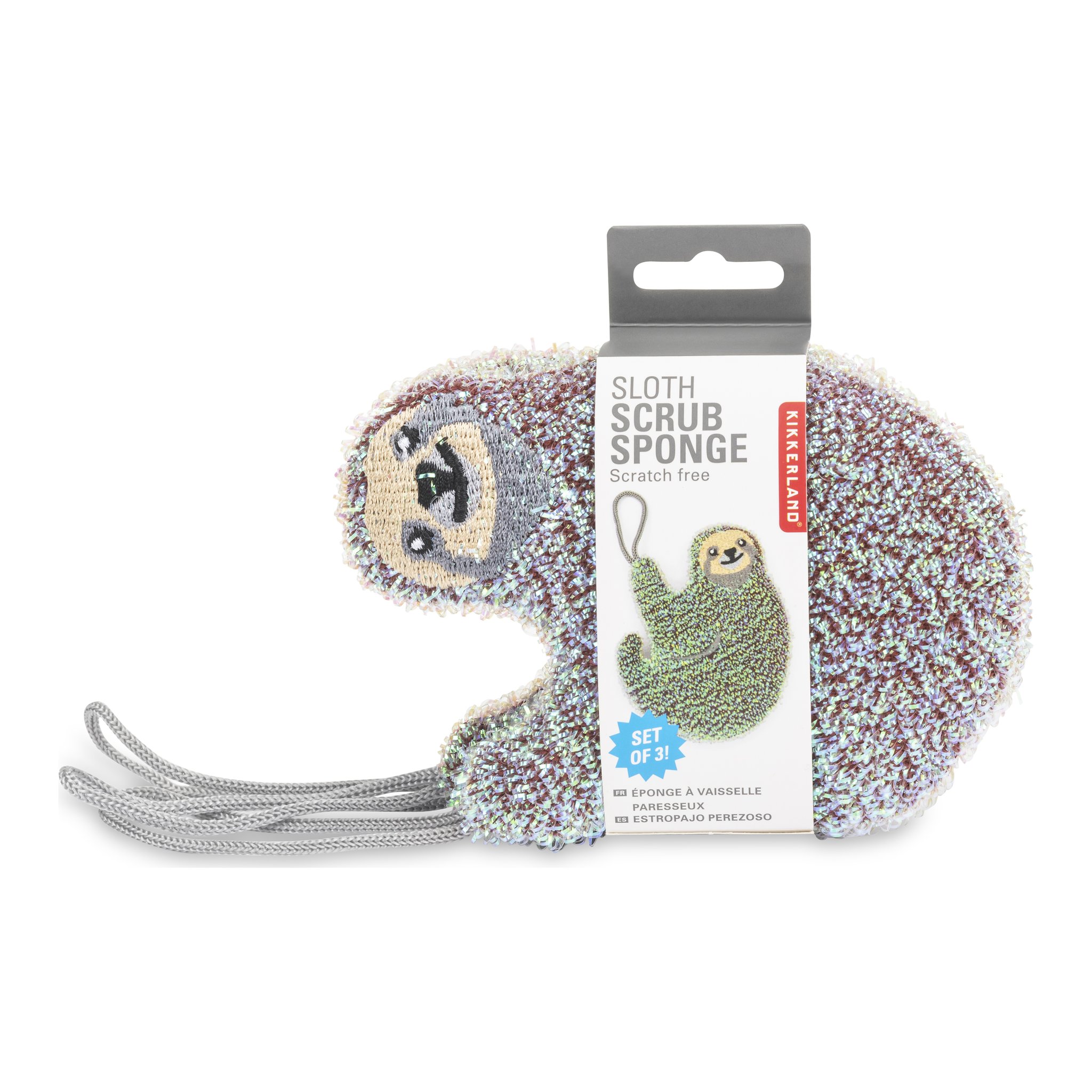 Éponges paresseux dans l'emballage « Sloth Scrub Sponge » de Kikkerland