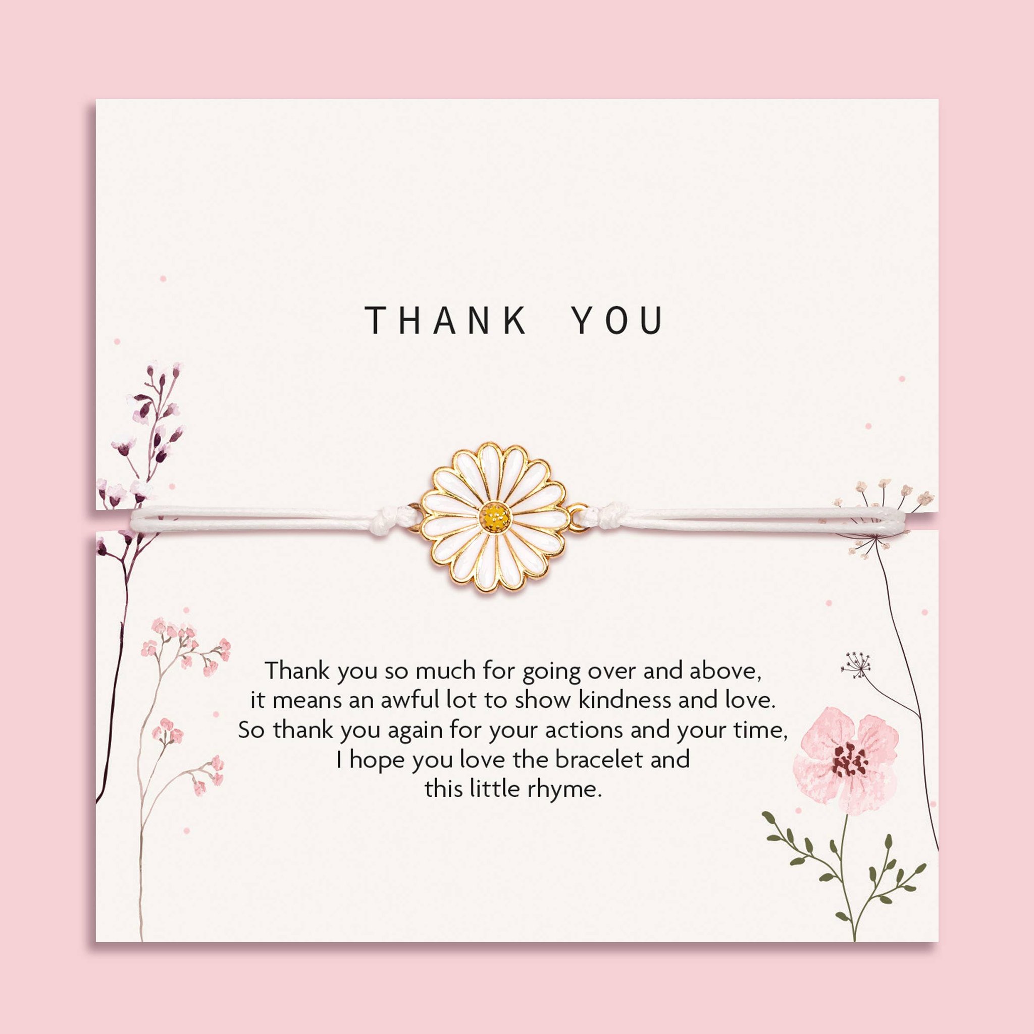 Thank You Armband mit Gänseblümchen-Anhänger auf heller Karte mit Blumen-Illustrationen