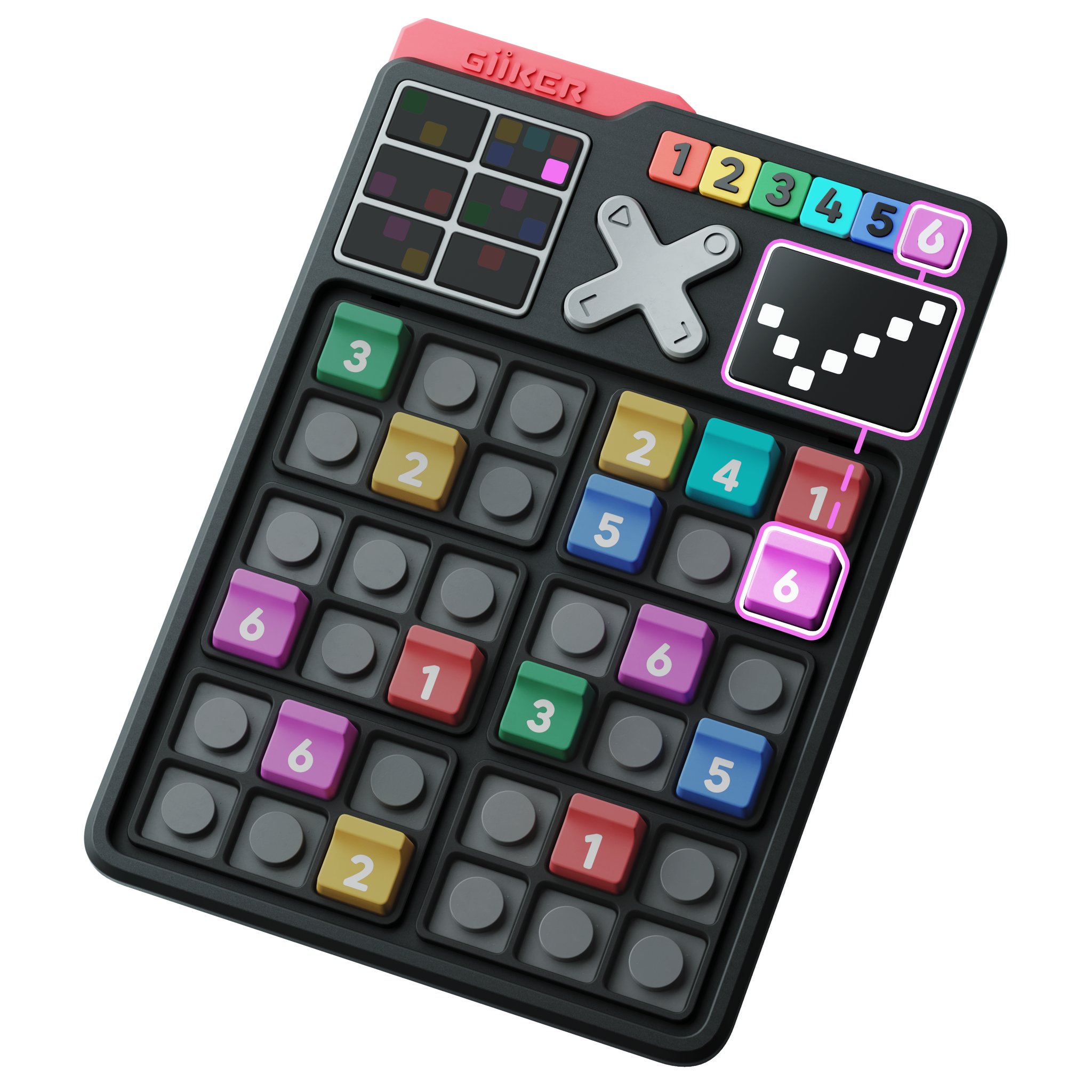 Console Smart Sudoku vue de face et de dos: l'écran à pixels vérifie chaque saisie instantanément.