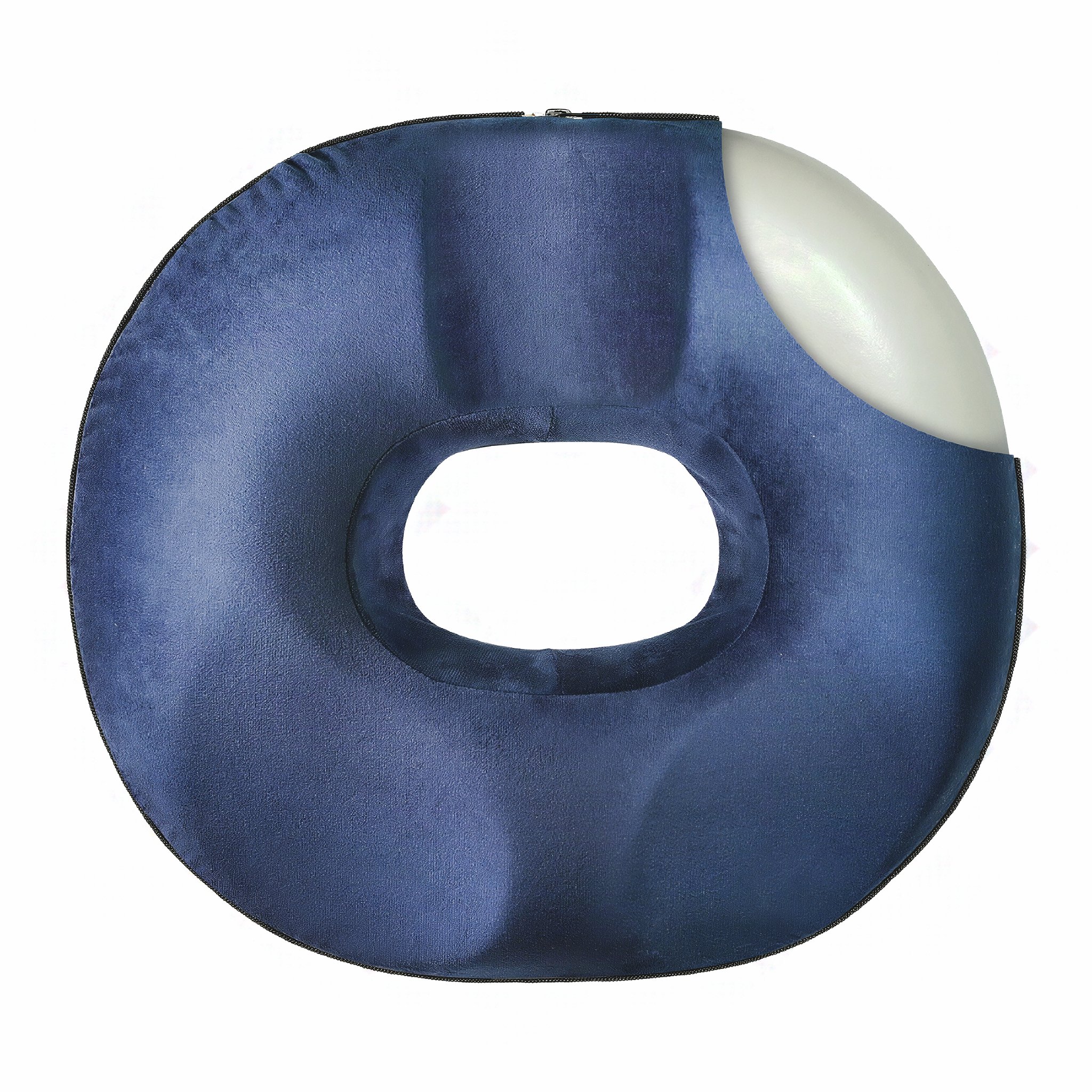 Coussin donut vu de dessus, housse en partie ouverte laissant voir le noyau en mousse