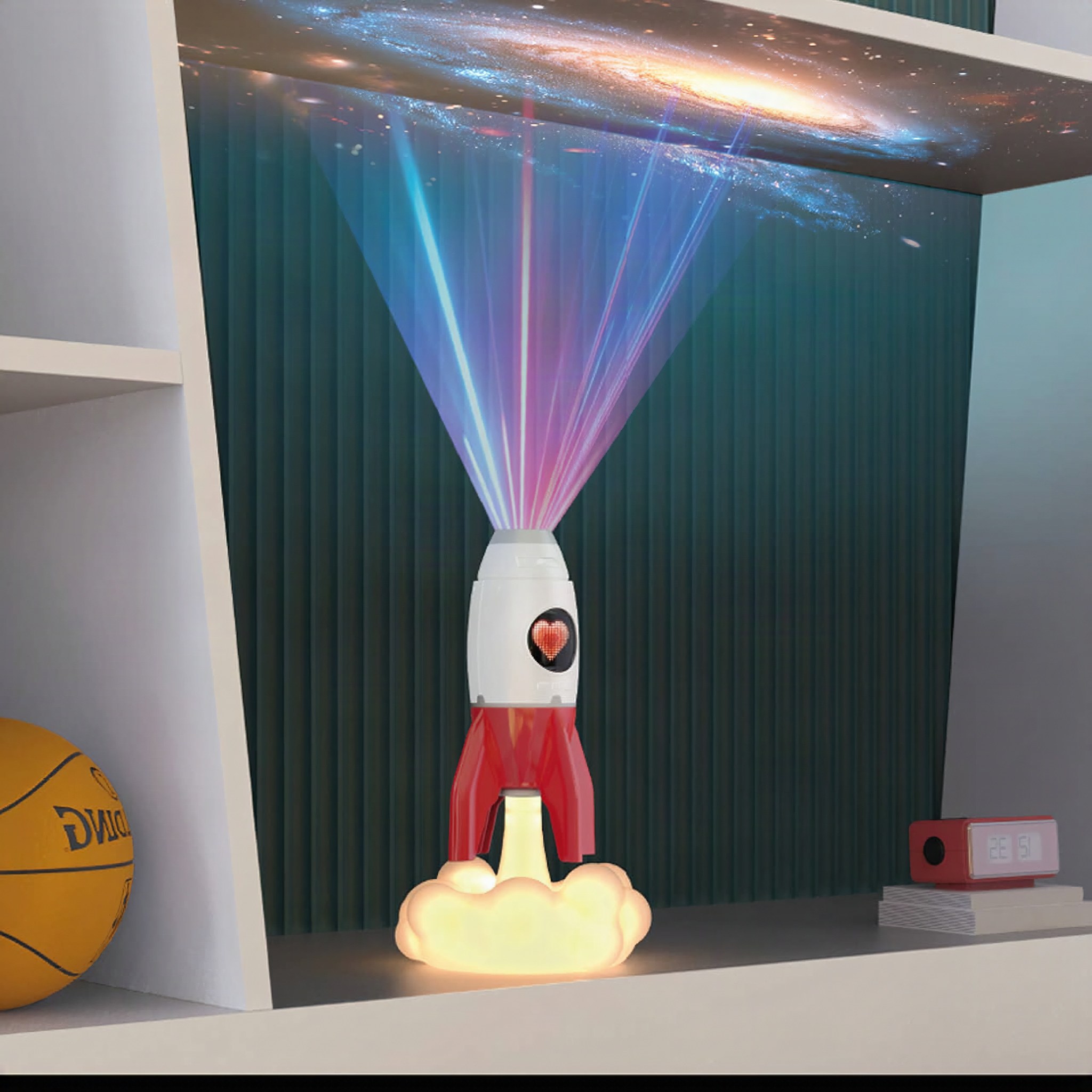 Colourful star projection across wall and ceiling above a shelf