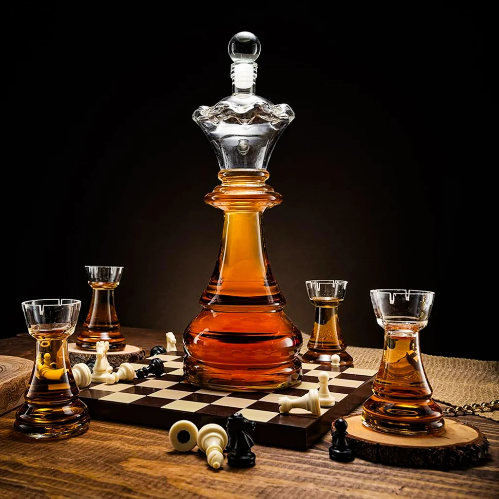 Schach-Dekanter-Set aus Glas mit Schachbrett