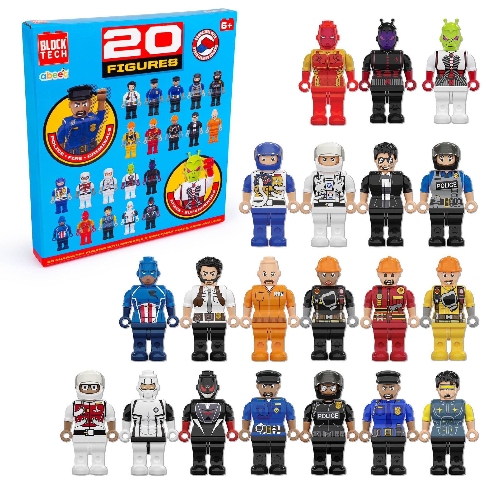 Klemmbaustein-Figuren 20er-Set Block Tech – Verpackung mit allen 20 Figuren