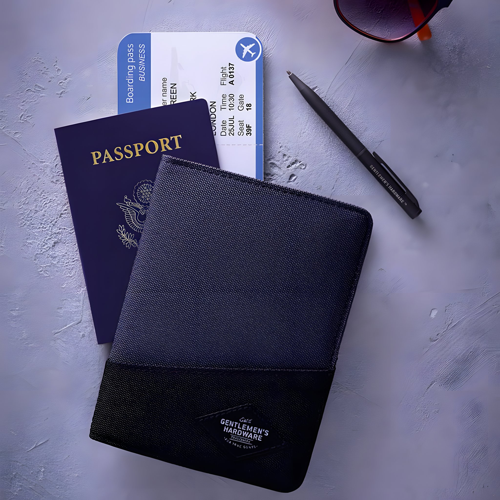 Geschlossenes Reise-Portemonnaie auf grauem Tisch, dahinter ein blauer Reisepass mit Bordkarte, rechts ein Kugelschreiber