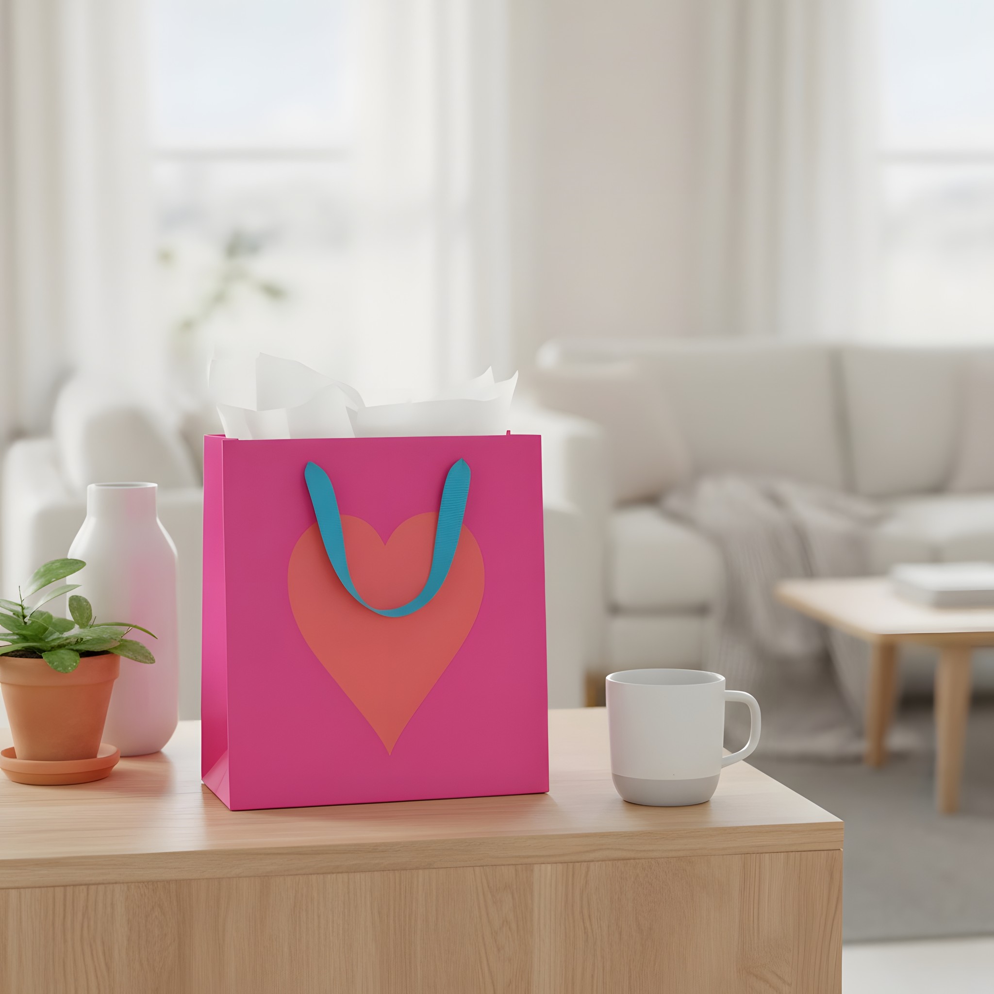 Busta regalo piccola con cuore neon di Ohh Deer con carta velina e tazza su una credenza in soggiorno