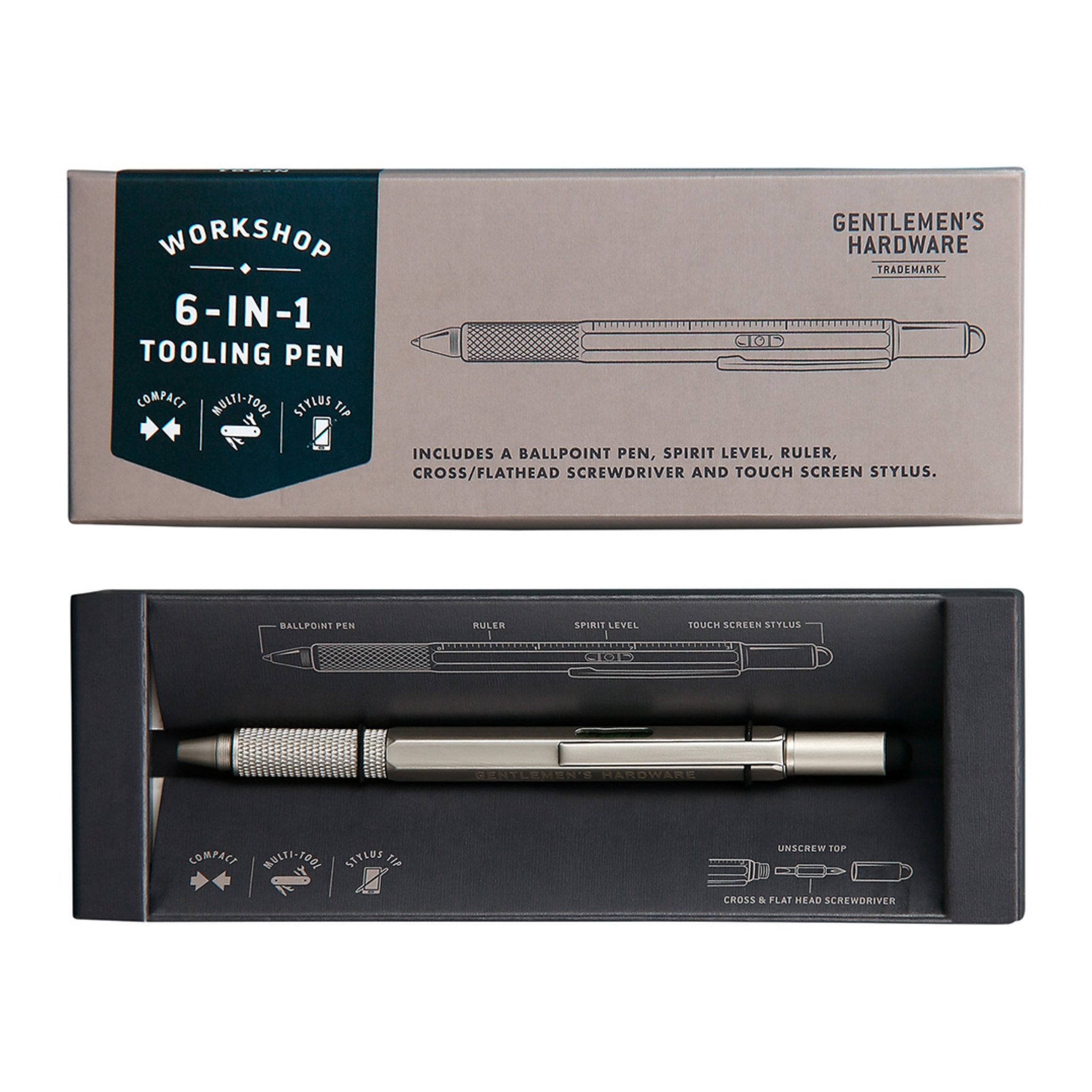 Stylo Multi-Outils 6-en-1 dans sa boîte sombre ouverte, avec le couvercle gris au-dessus
