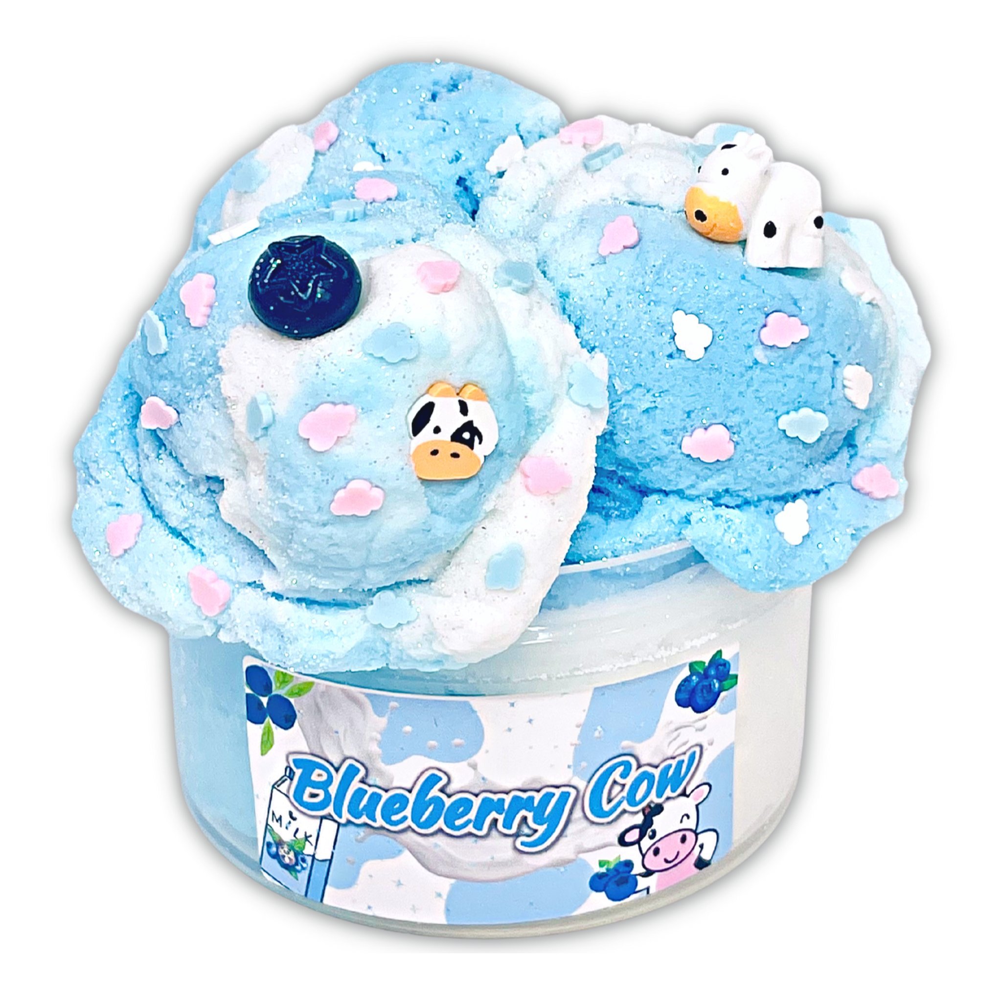 Blau-weisser Cloud-Slime wie Glacékugeln mit Kuh-Charm und Wolken-Fimos in der Dose