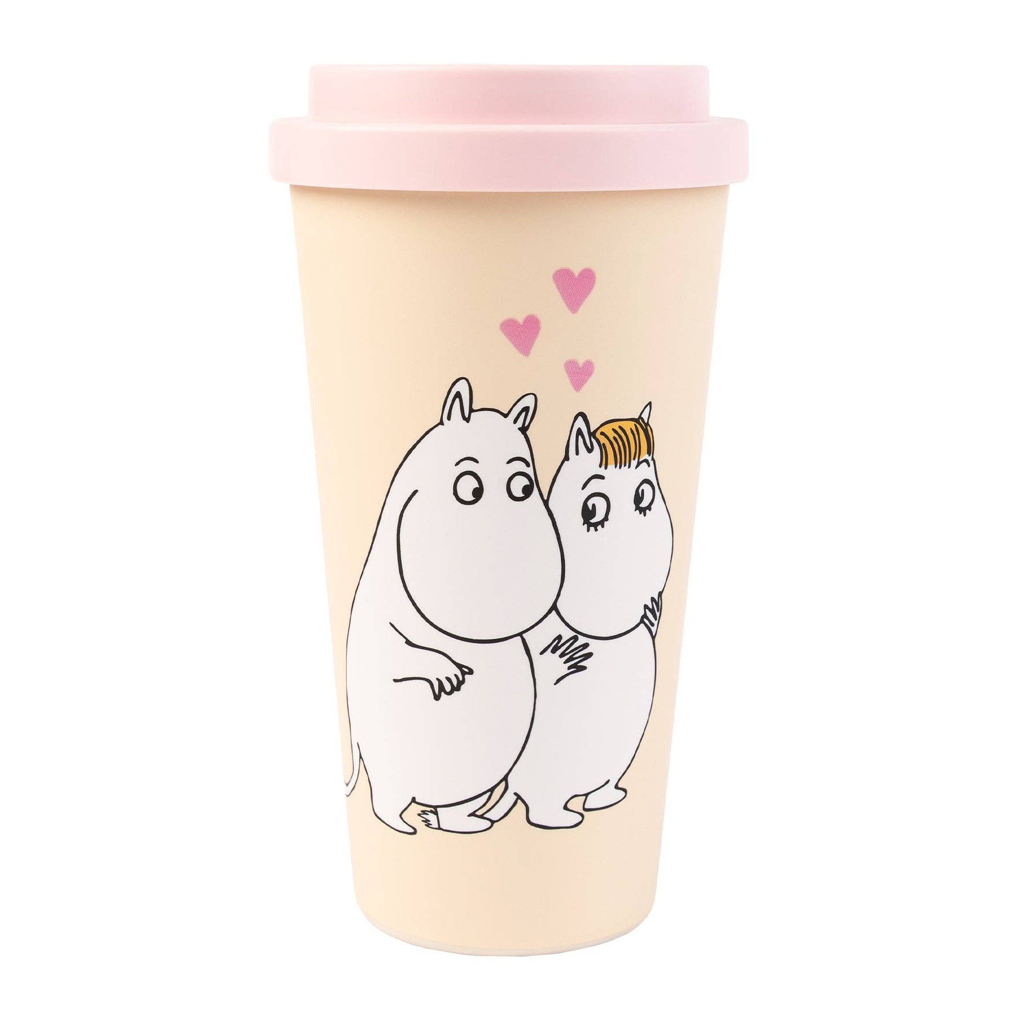 Moomin Love take-away mug with Moomintroll, Snorkmaiden and pink hearts